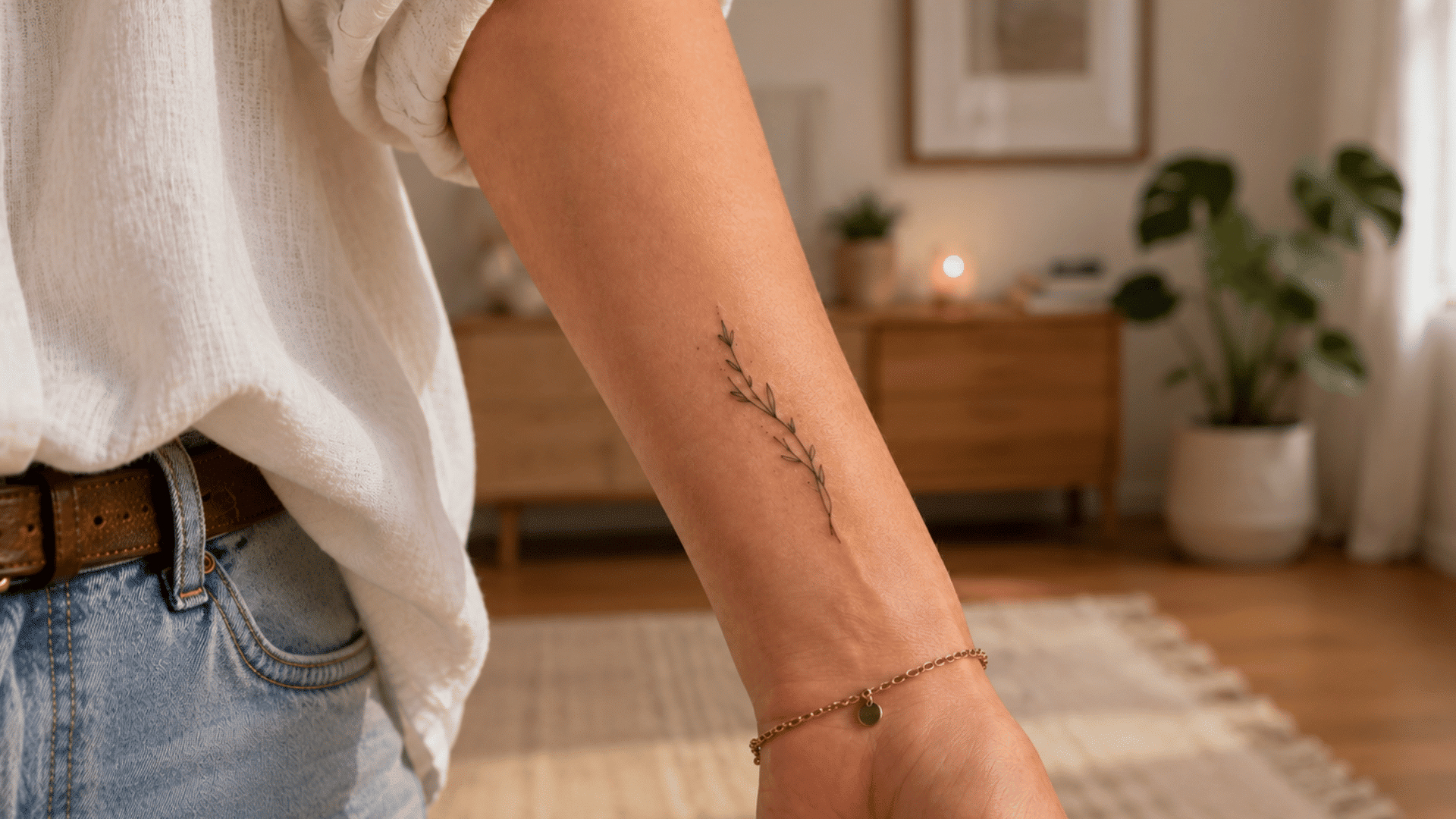 small fine-line botanical tattoo on a woman’s forearm with a gold bracelet in a softly lit indoor room.