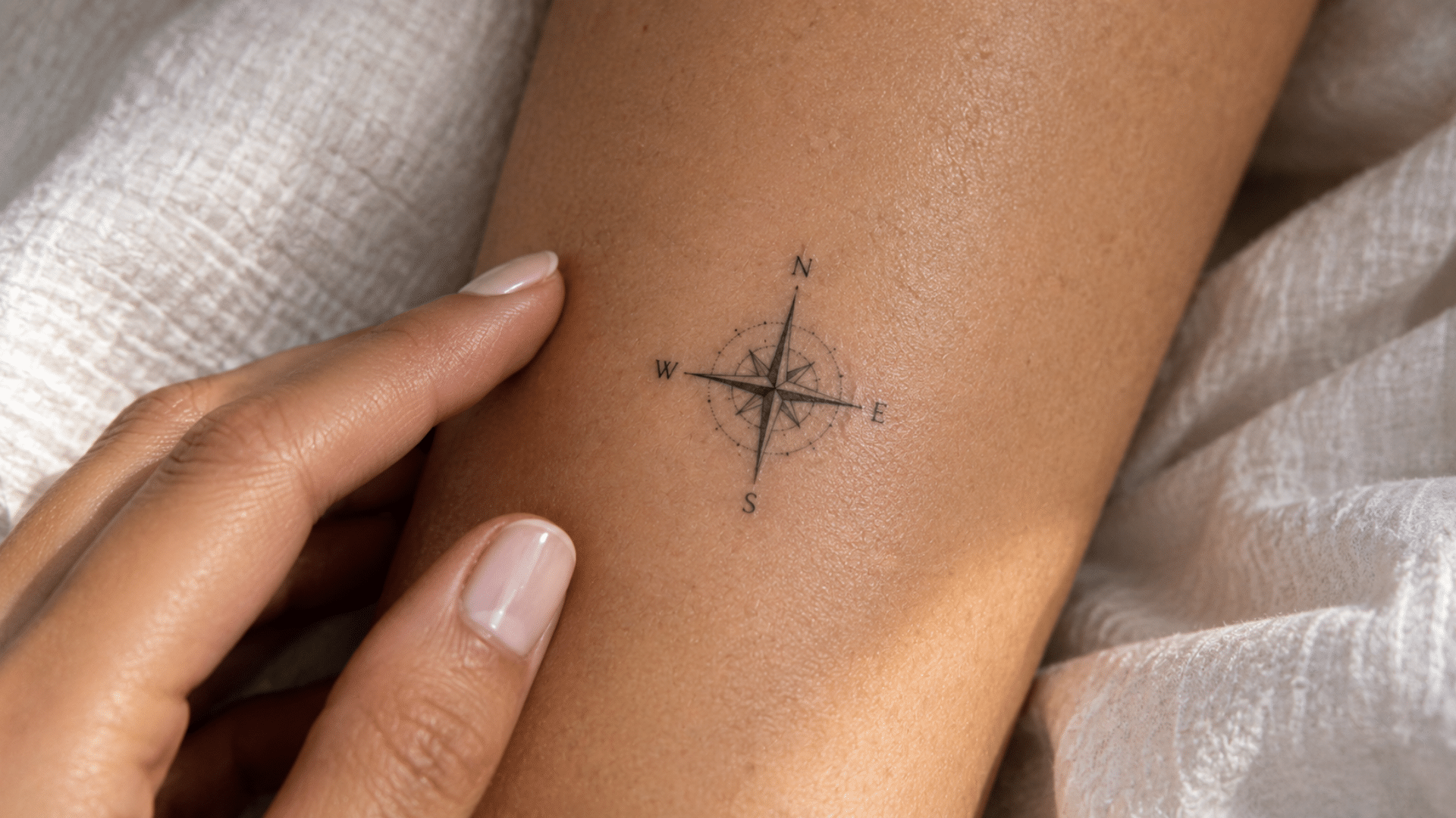 small fine-line compass tattoo with north, south, east, and west markings on the arm, gently touched by a manicured hand.