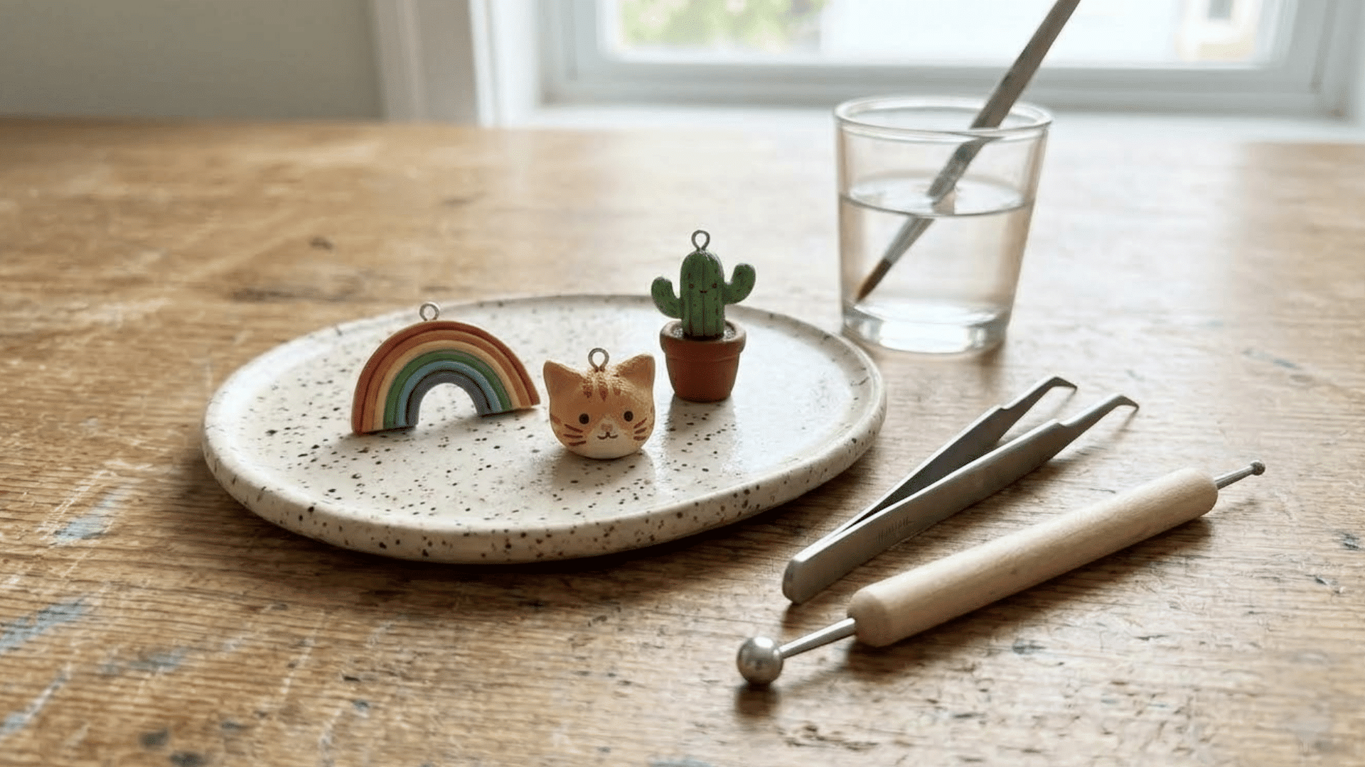 small handmade clay charms with colorful shapes and textured designs