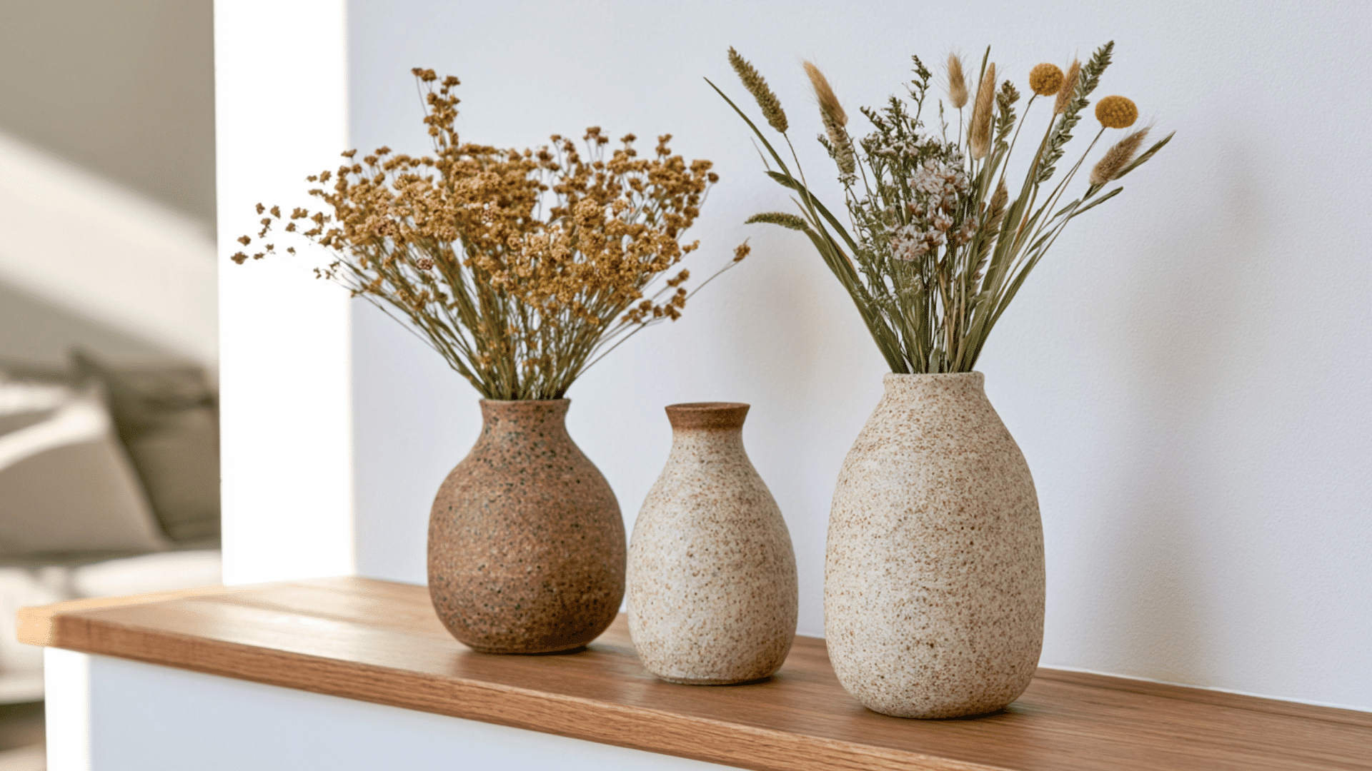 small handmade clay mini vases with flowers placed on a decorative shelf