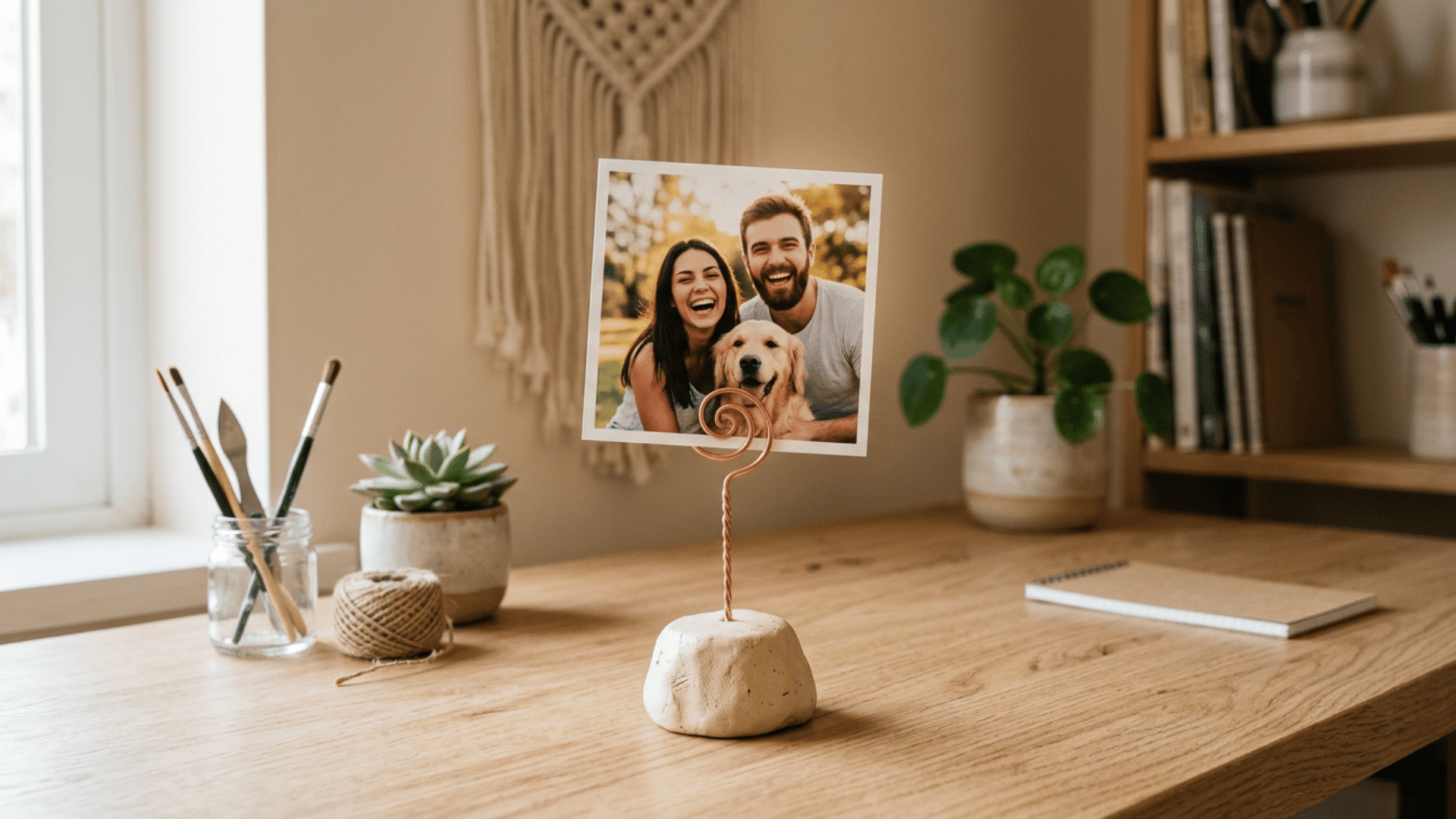 small handmade clay photo holders displaying pictures on a wooden desk