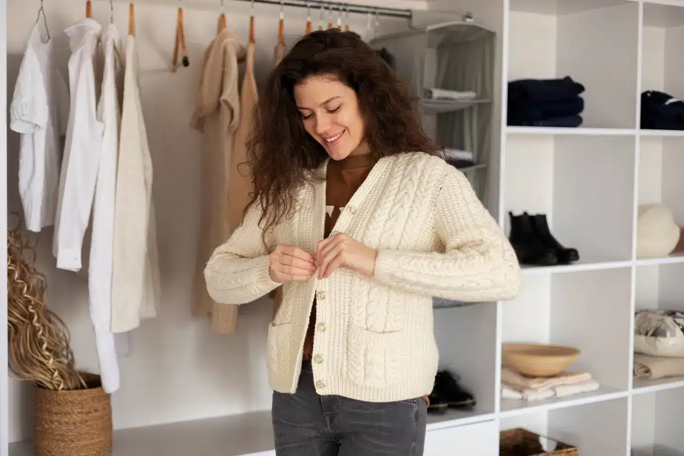 Woman buttoning cream cable-knit cardigan in a modern closet with various clothes and accessories