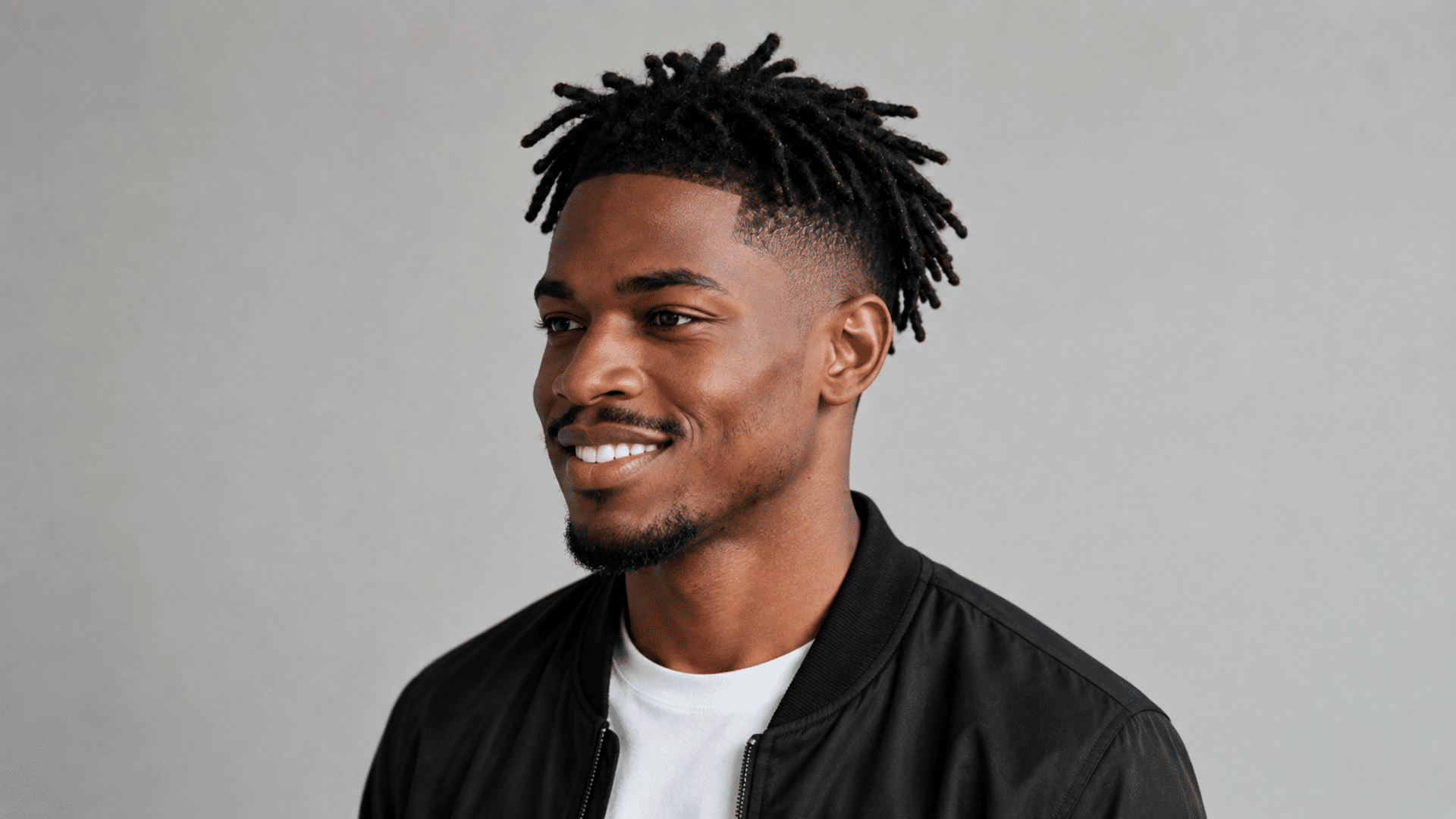 smiling man with locs hairstyle and faded sides wearing black jacket in modern portrait setting
