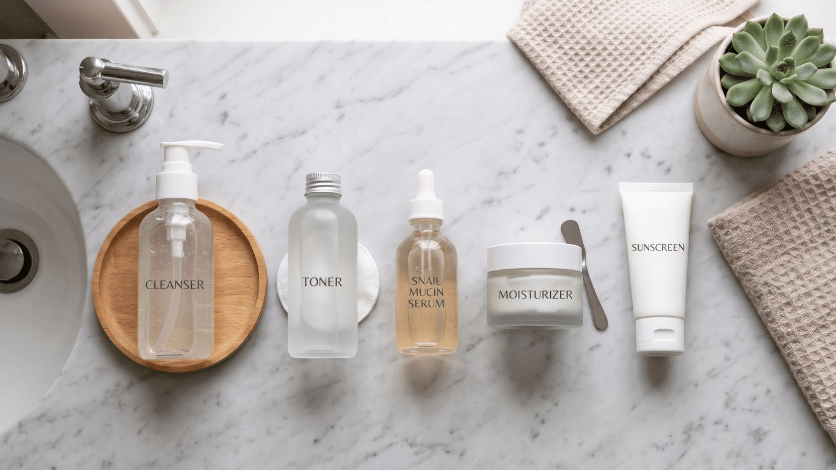 skincare routine with cleanser toner snail mucin serum moisturizer and sunscreen arranged on a marble counter