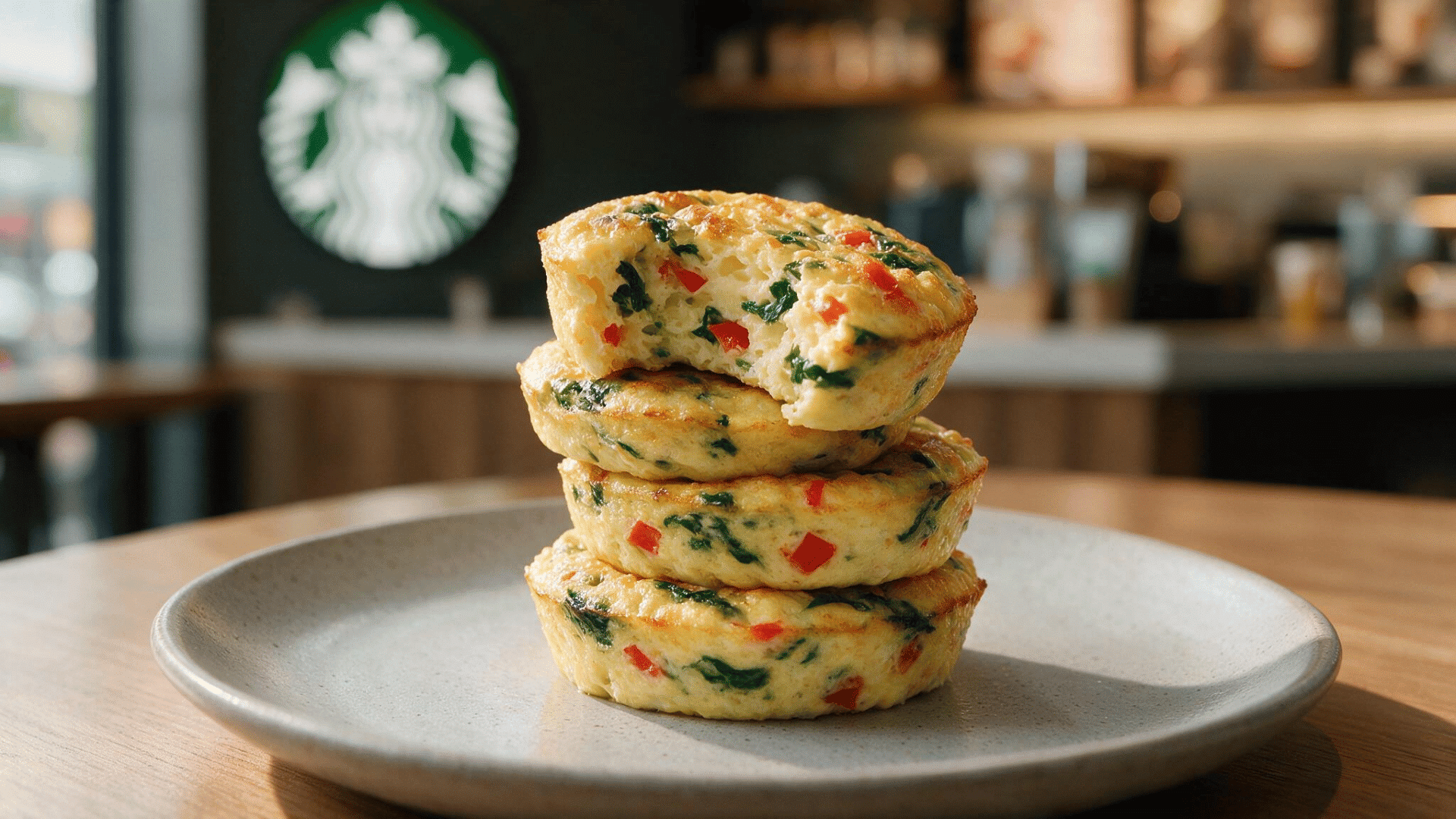 starbucks-style egg bites with spinach and red peppers stacked on a plate.