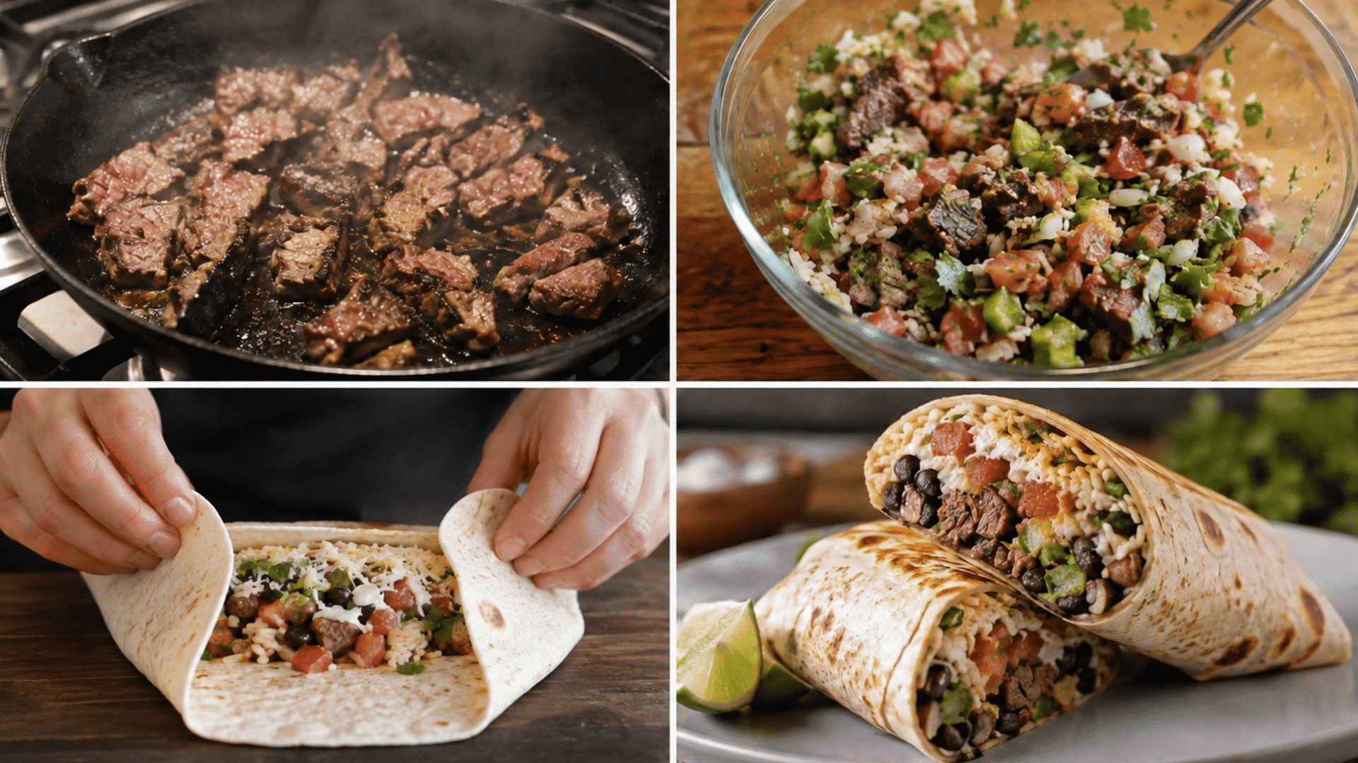 steak burrito preparation with cooked beef fresh filling folded tortilla and finished burritos with rice and black beans