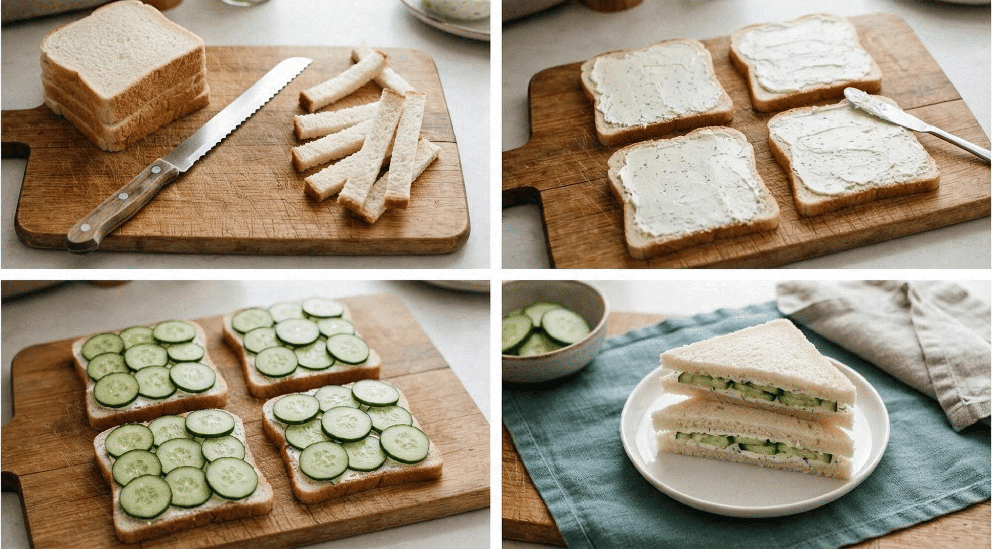 step by step preparation of cucumber sandwiches with soft bread creamy spread and fresh cucumber slices