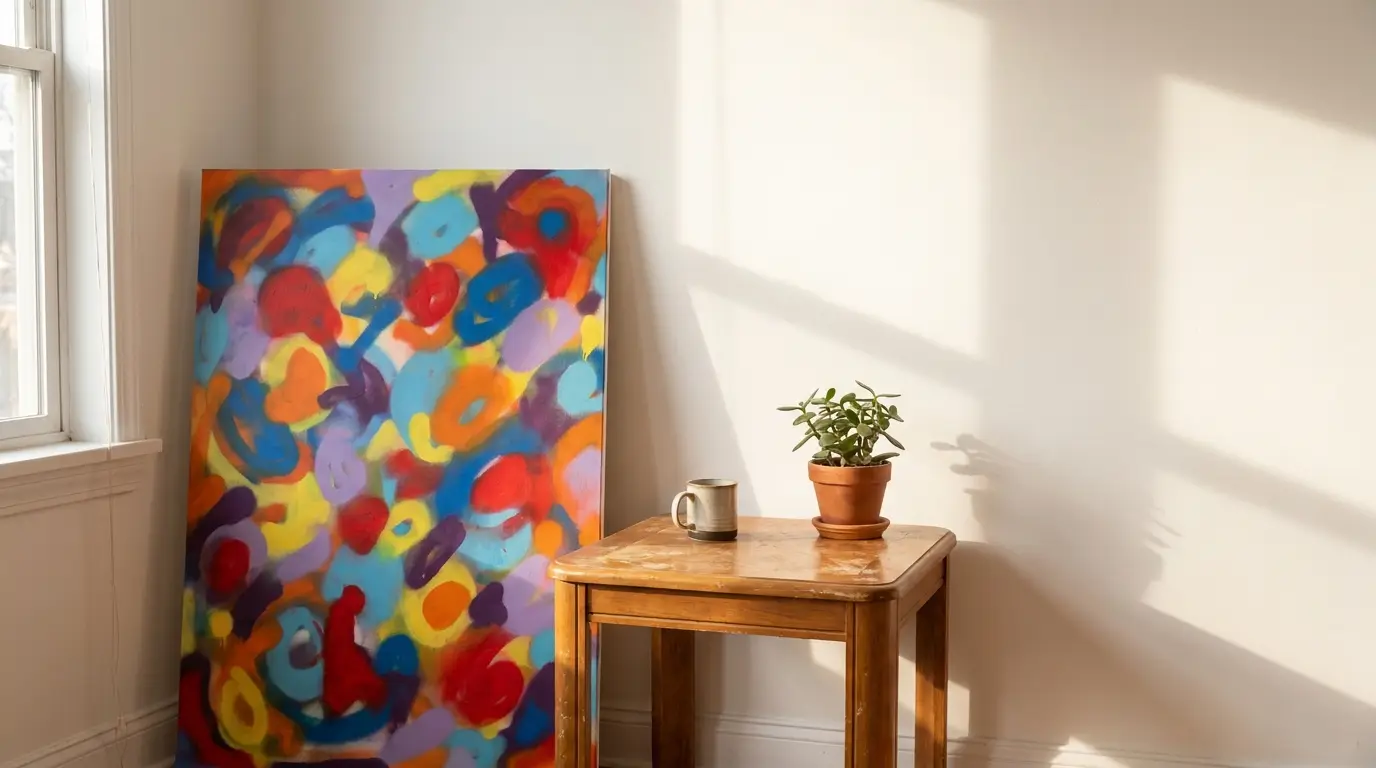 Colorful abstract painting leaning against wall beside potted plant on wooden table in sunlit room