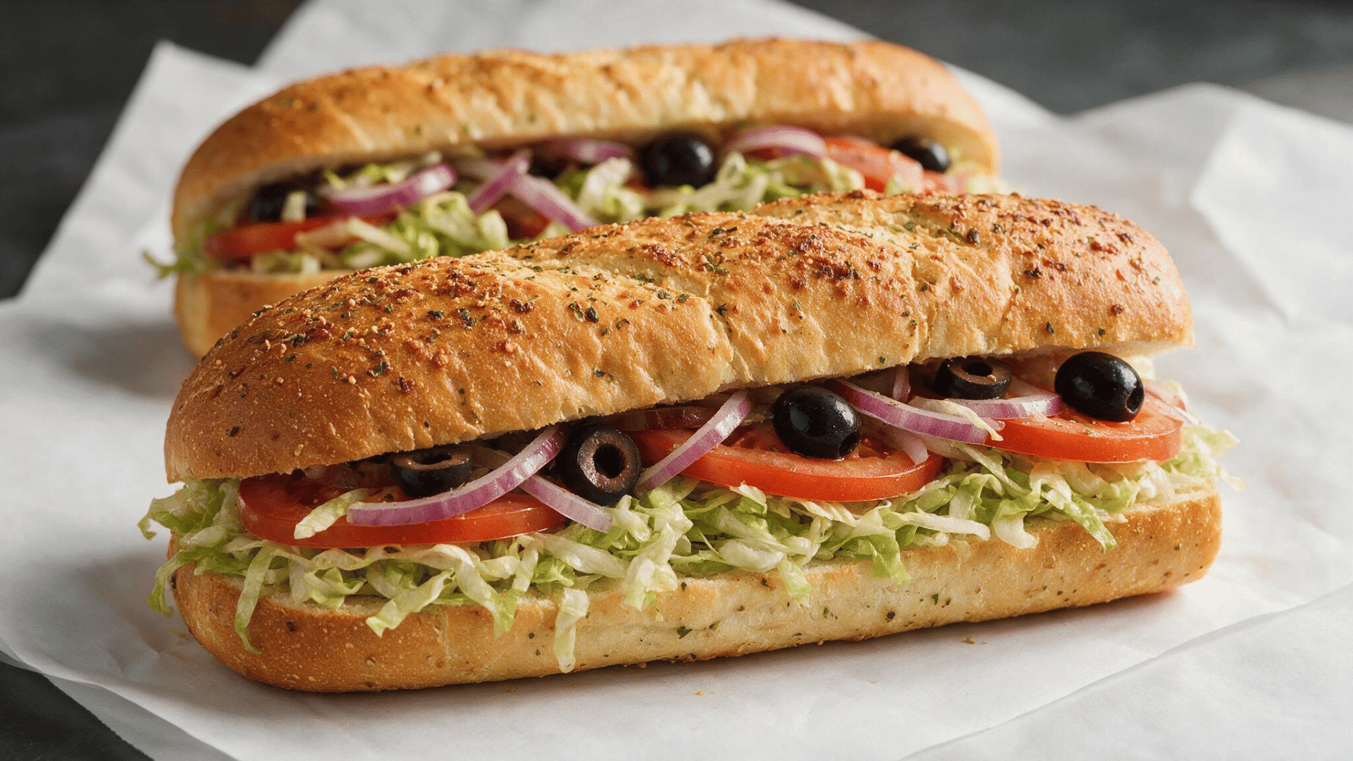 subway-style veggie sandwich with lettuce, tomatoes, red onions, and black olives on seasoned bread.