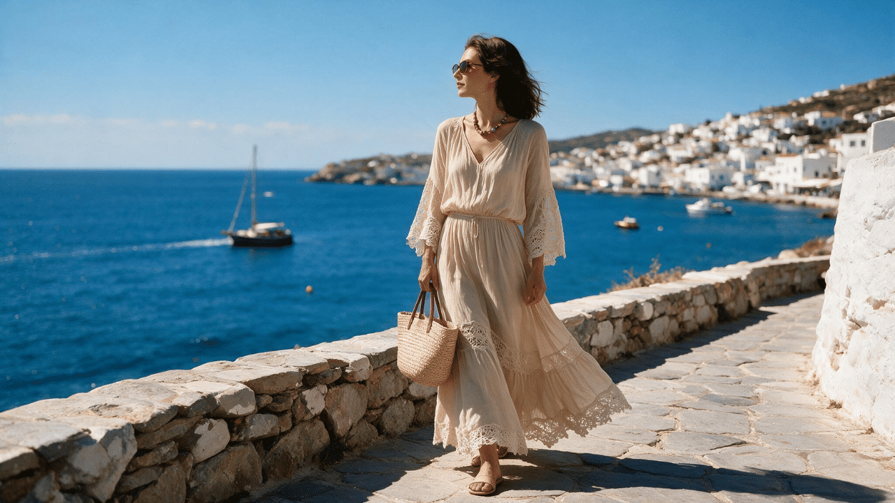 summer boho chic outfit with a flowing cream maxi dress, lace details, woven bag, sandals, and natural accessories by the sea