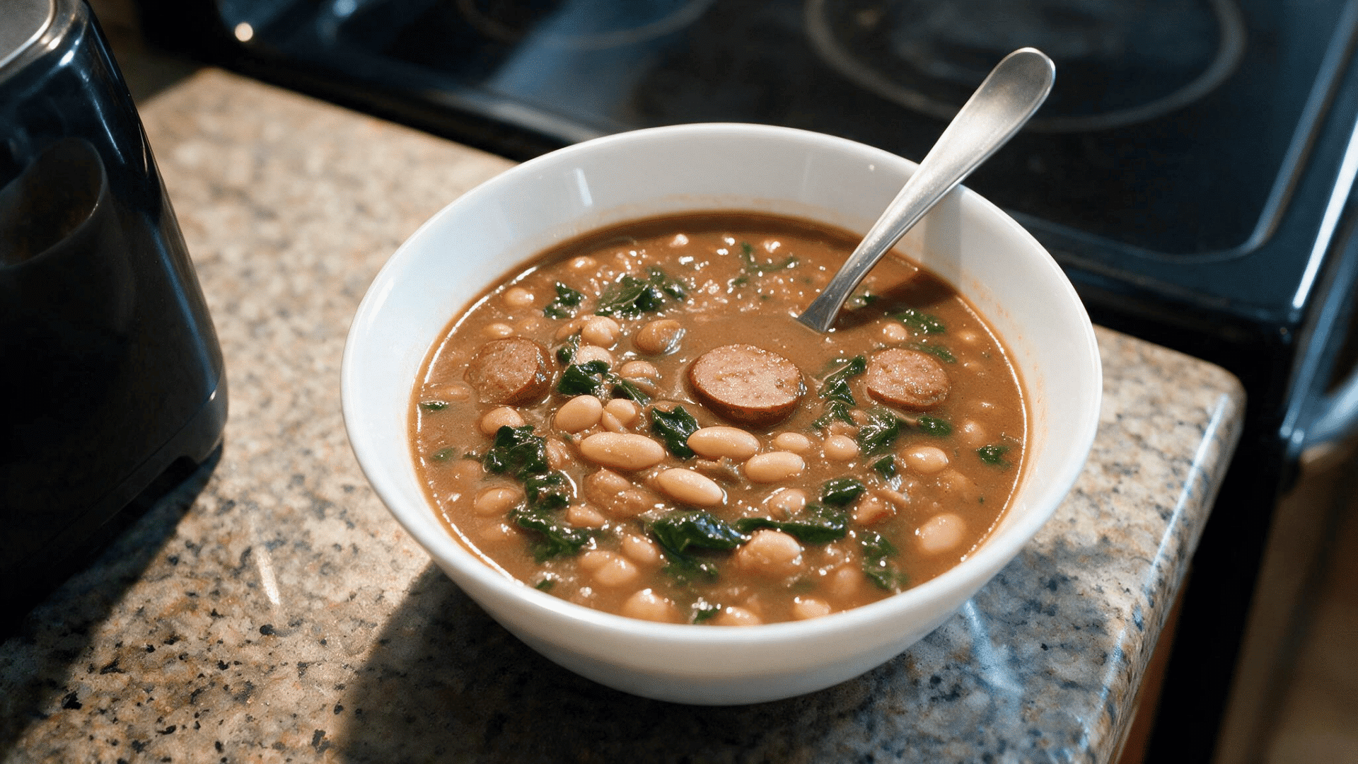 swamp soup with smoked sausage, white beans, and leafy greens served warm in a bowl.