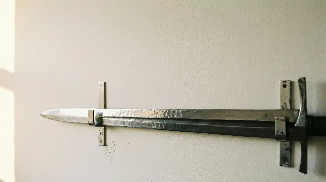 Metal sword mounted on a white wall with afternoon sunlight casting shadows