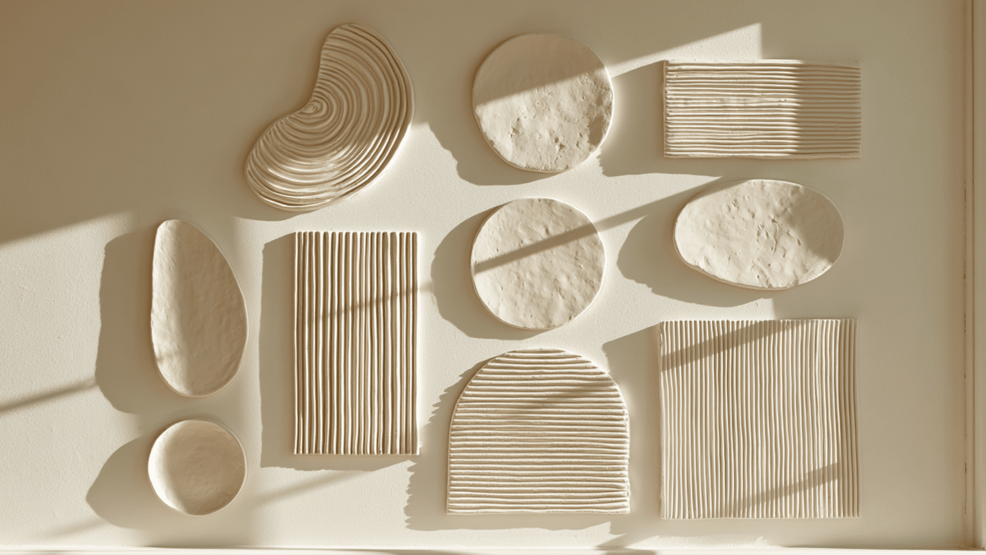 textured handmade clay wall decor pieces displayed on a modern interior wall