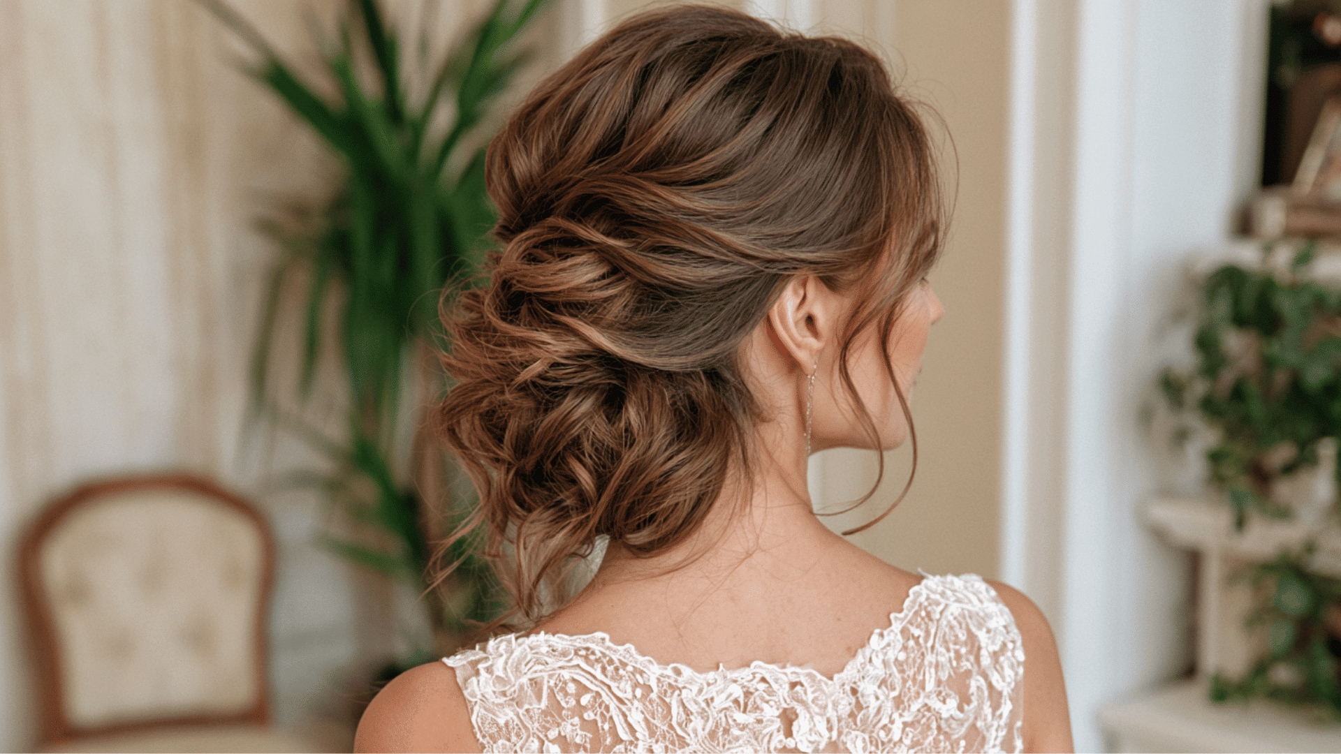 textured updo hairstyle with volume and loose pieces for wedding celebration