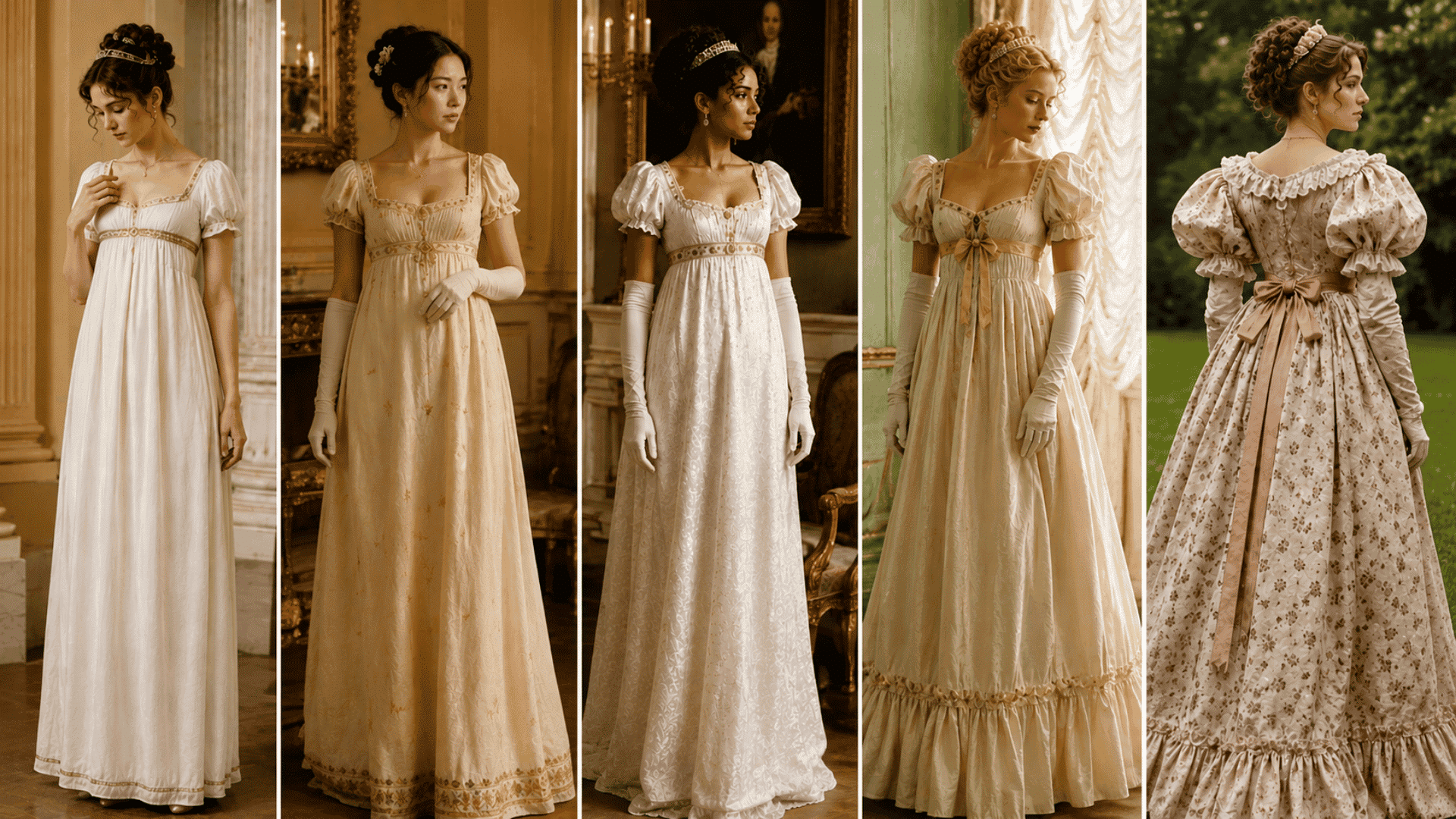 the evolution of regency silhouettes shown through empire waist gowns with puff sleeves ribbons and elegant period details