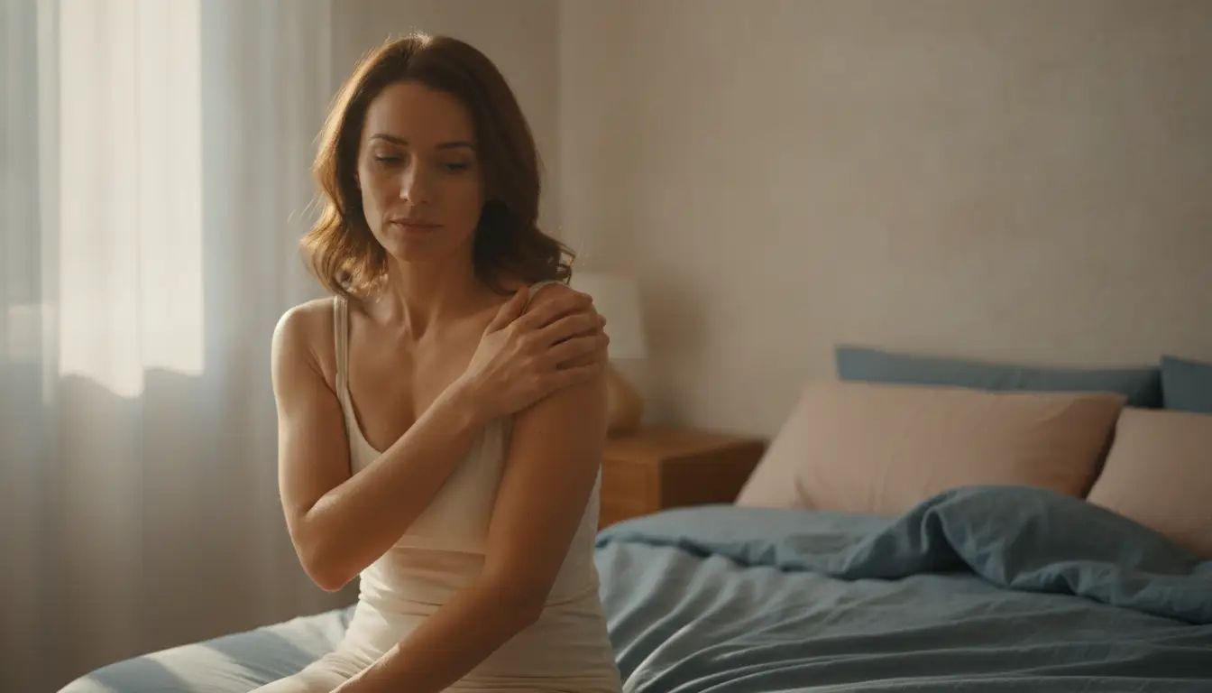 Woman holding shoulder seated on bed in softly lit bedroom with blue and beige bedding