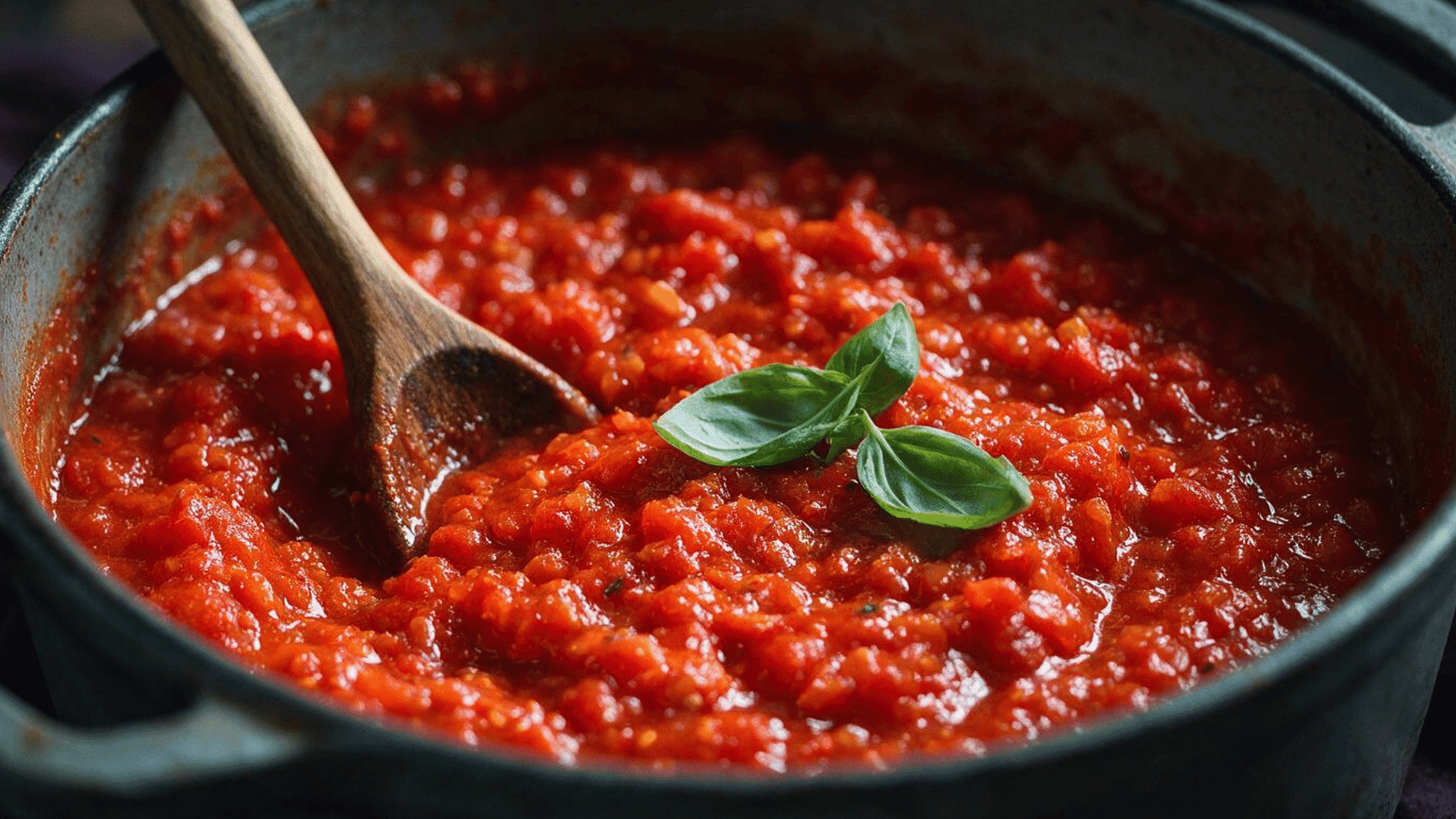 thick homemade spaghetti sauce simmering in a pot with fresh basil and a wooden spoon.