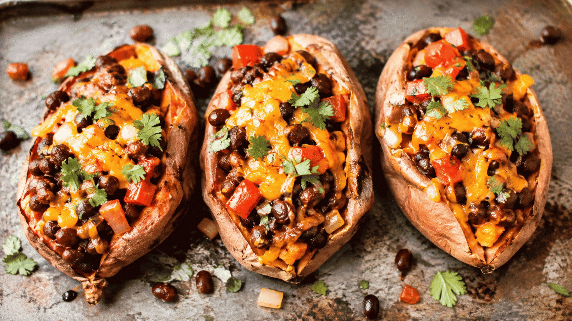 three baked sweet potatoes stuffed with black beans melted cheese tomatoes onions and cilantro arranged on a rustic baking sheet