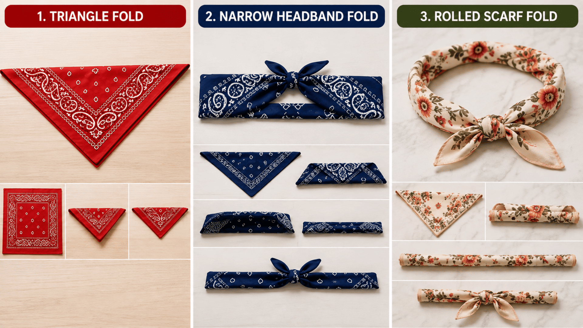 three bandana folding styles showing triangle fold narrow headband fold and rolled scarf fold