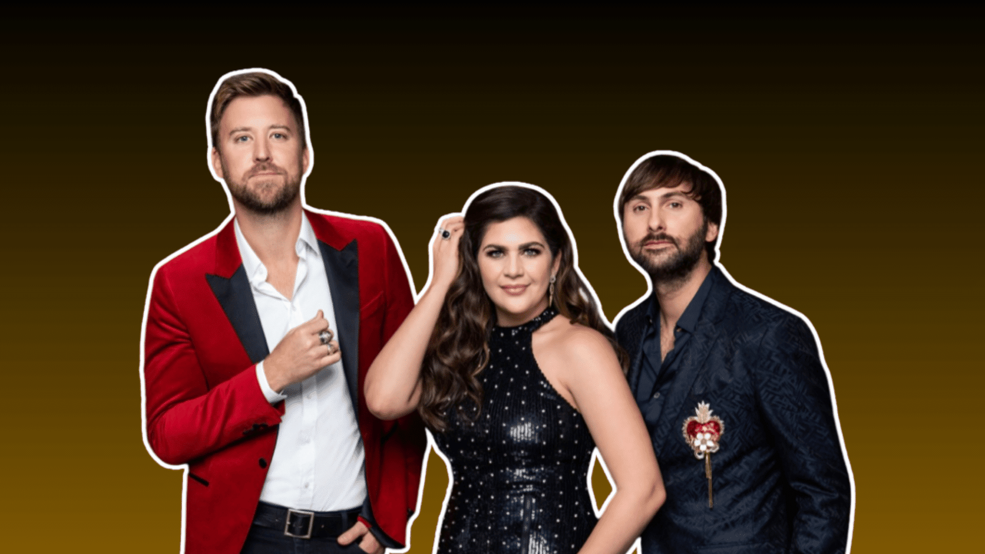 three country music performers posing together in formal outfits against a dark brown background