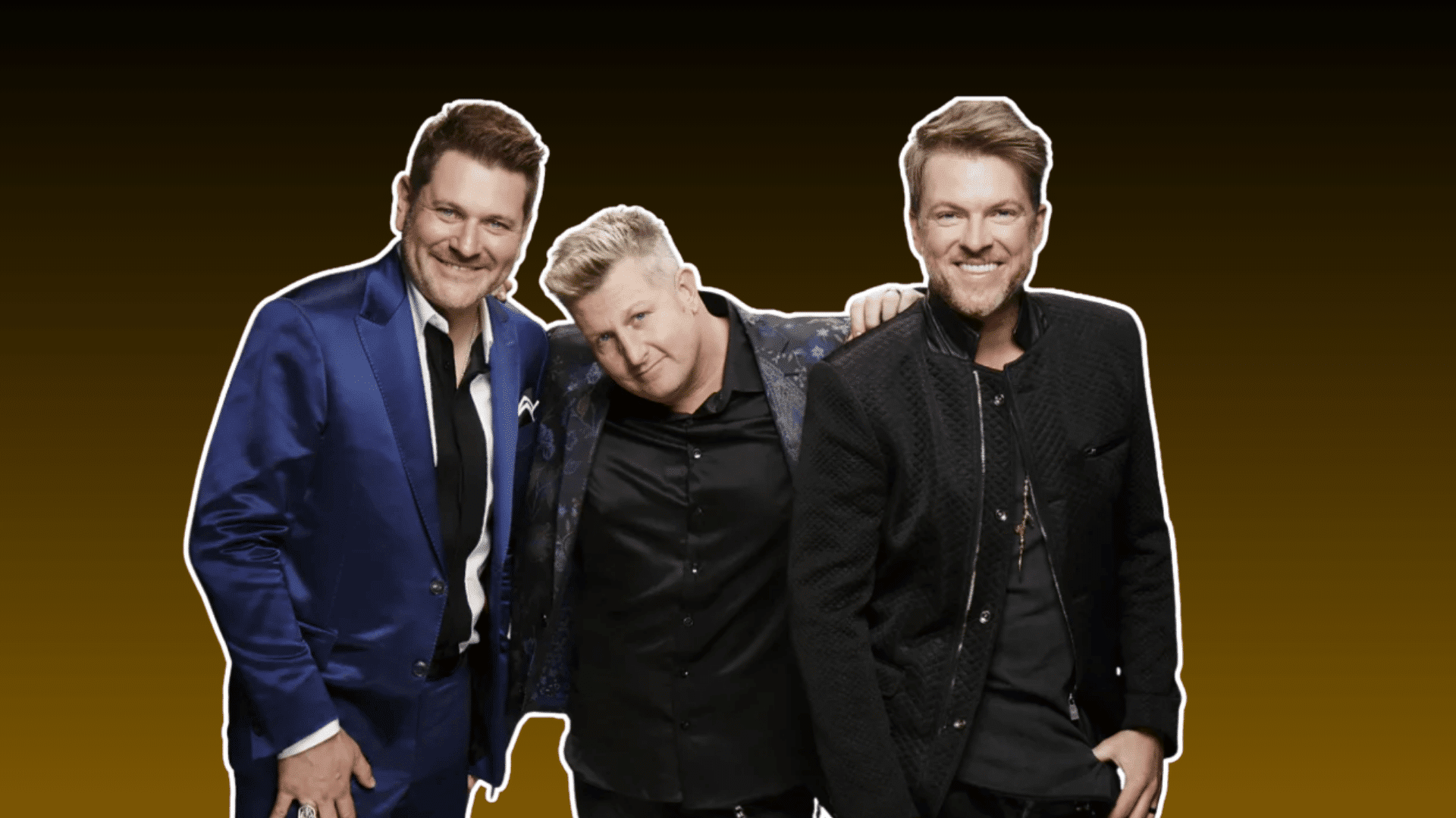 three male country music performers posing together in formal jackets against a dark brown background