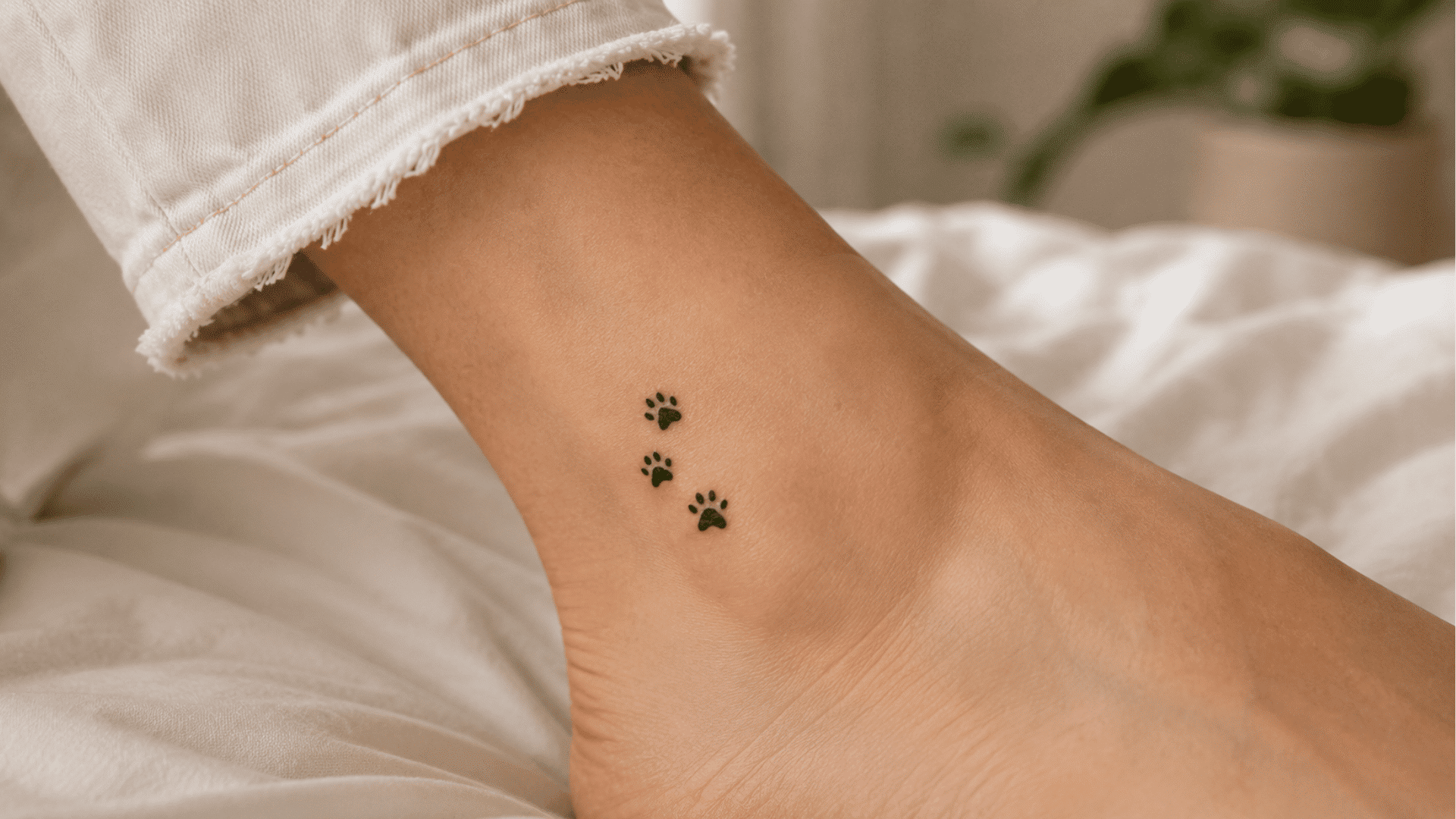 three small black paw print tattoos on the side of an ankle resting on soft cream bedding.