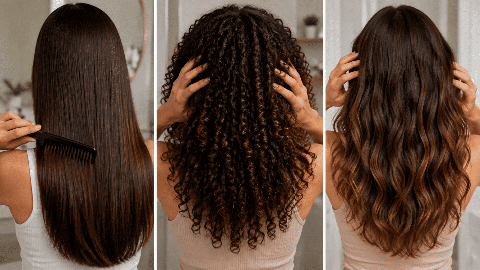 Three women showing different hair textures and styling methods, including straight, curly, and wavy hair from the back.