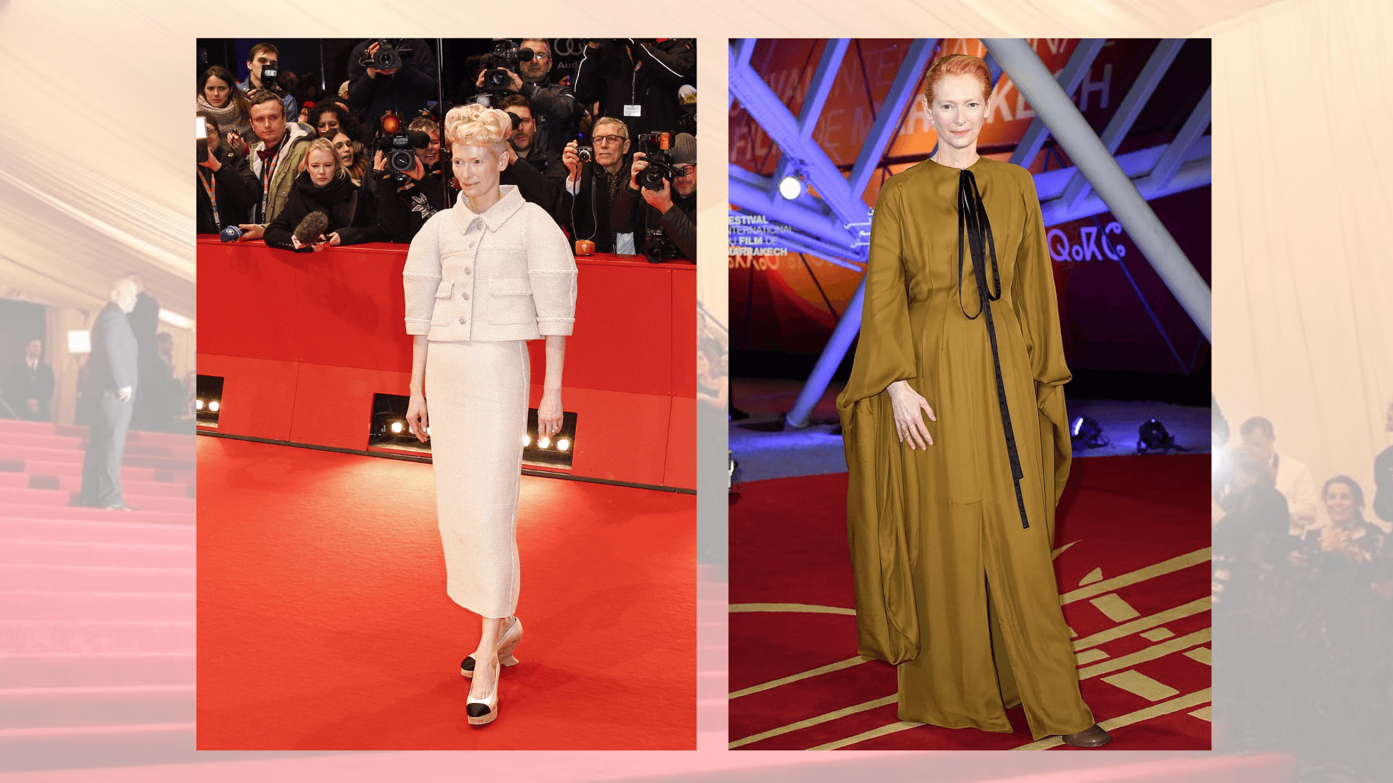 tilda swinton posing for a portrait with an elegant look and distinctive features in soft natural lighting