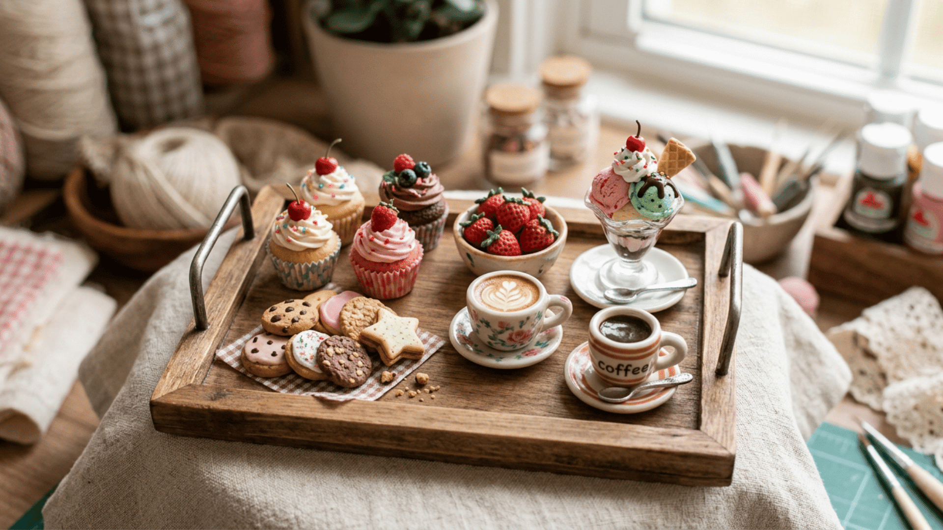 tiny air dry clay food sculptures with realistic details and colorful handmade designs