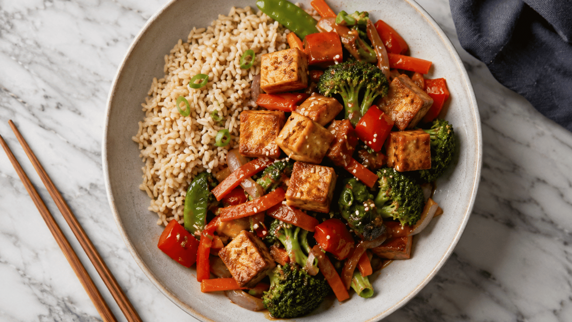 tofu stir fry with brown rice broccoli red peppers carrots snap peas and onions in a savory sauce