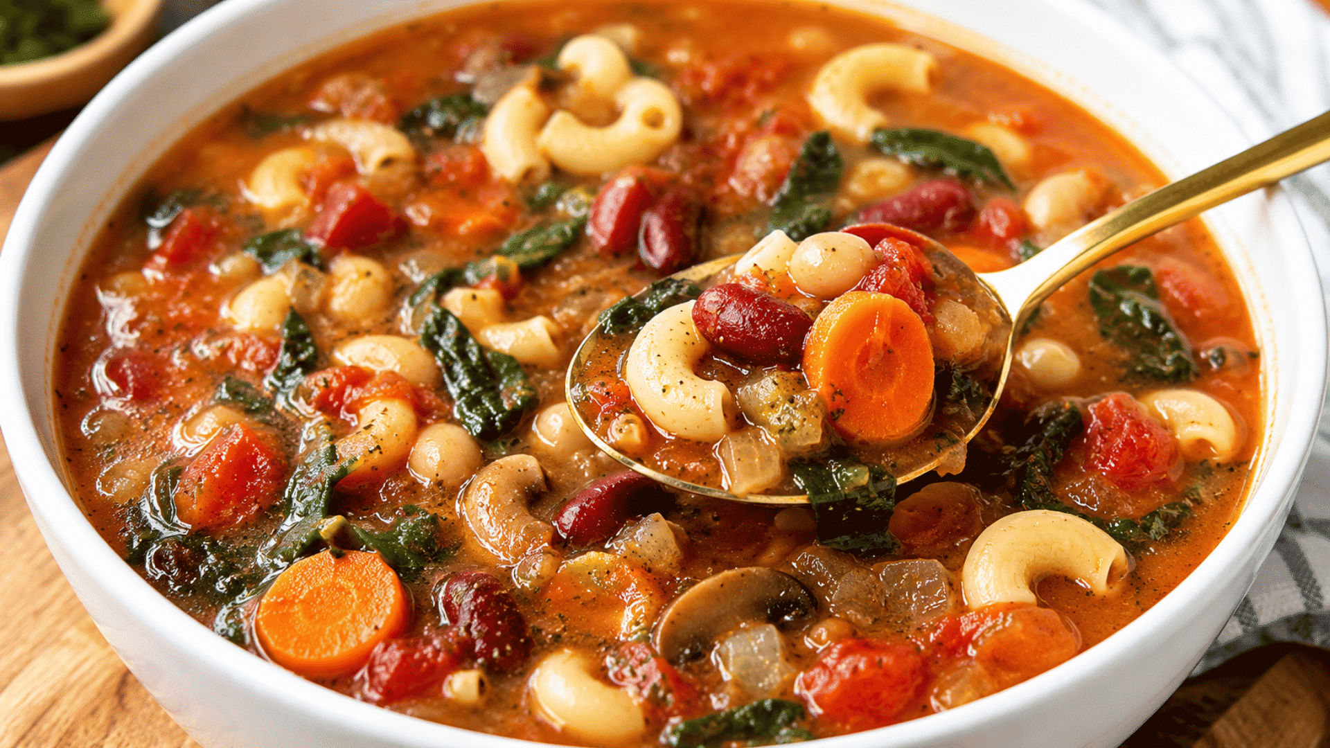 tomato pasta soup with beans carrots mushrooms spinach and elbow macaroni served in a white bowl