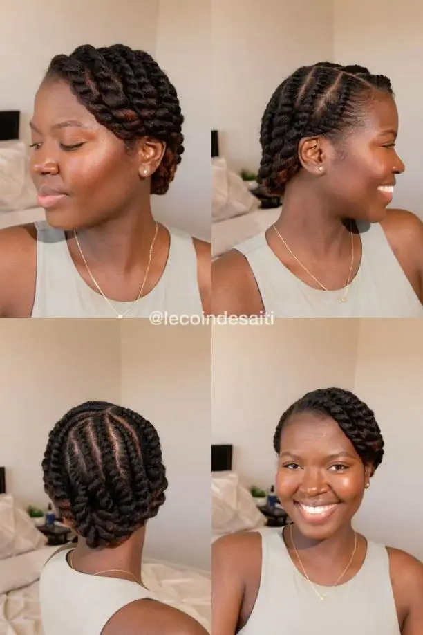 Woman with braided hairstyle in cozy bedroom, wearing a light tank top and delicate jewelry