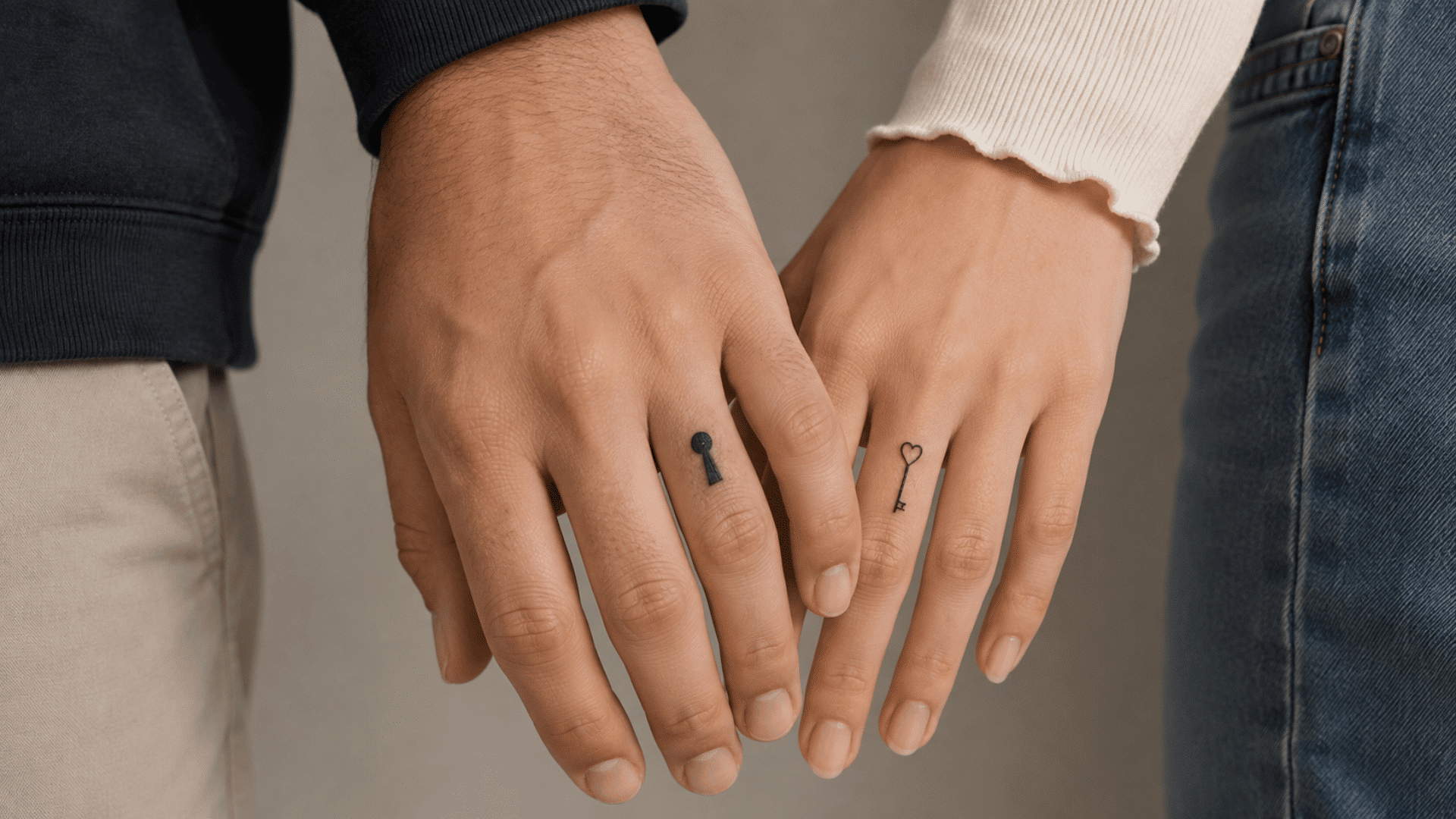two people showing matching key and keyhole finger tattoos while gently holding hands.