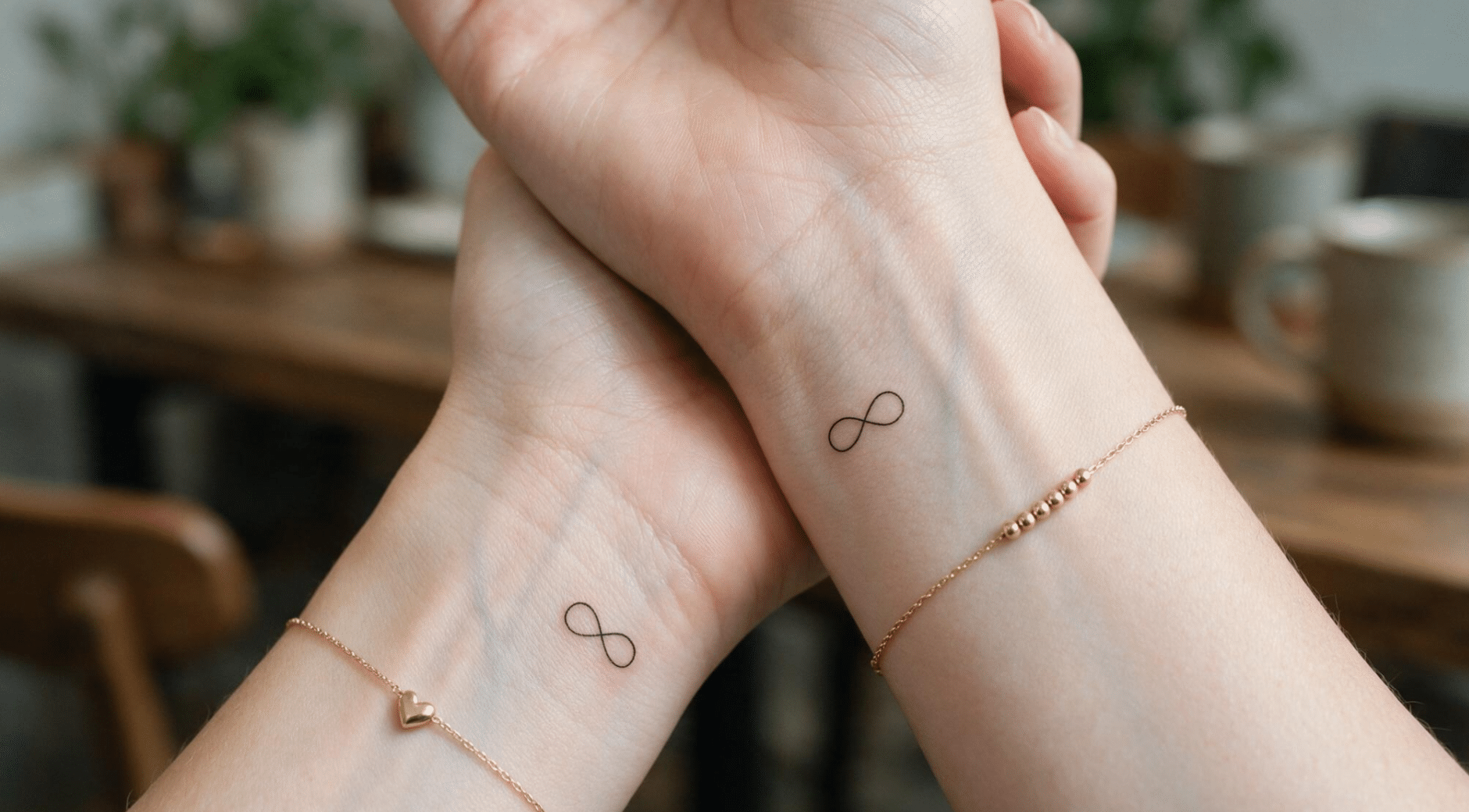 two wrists with matching small infinity tattoos and delicate gold bracelets.