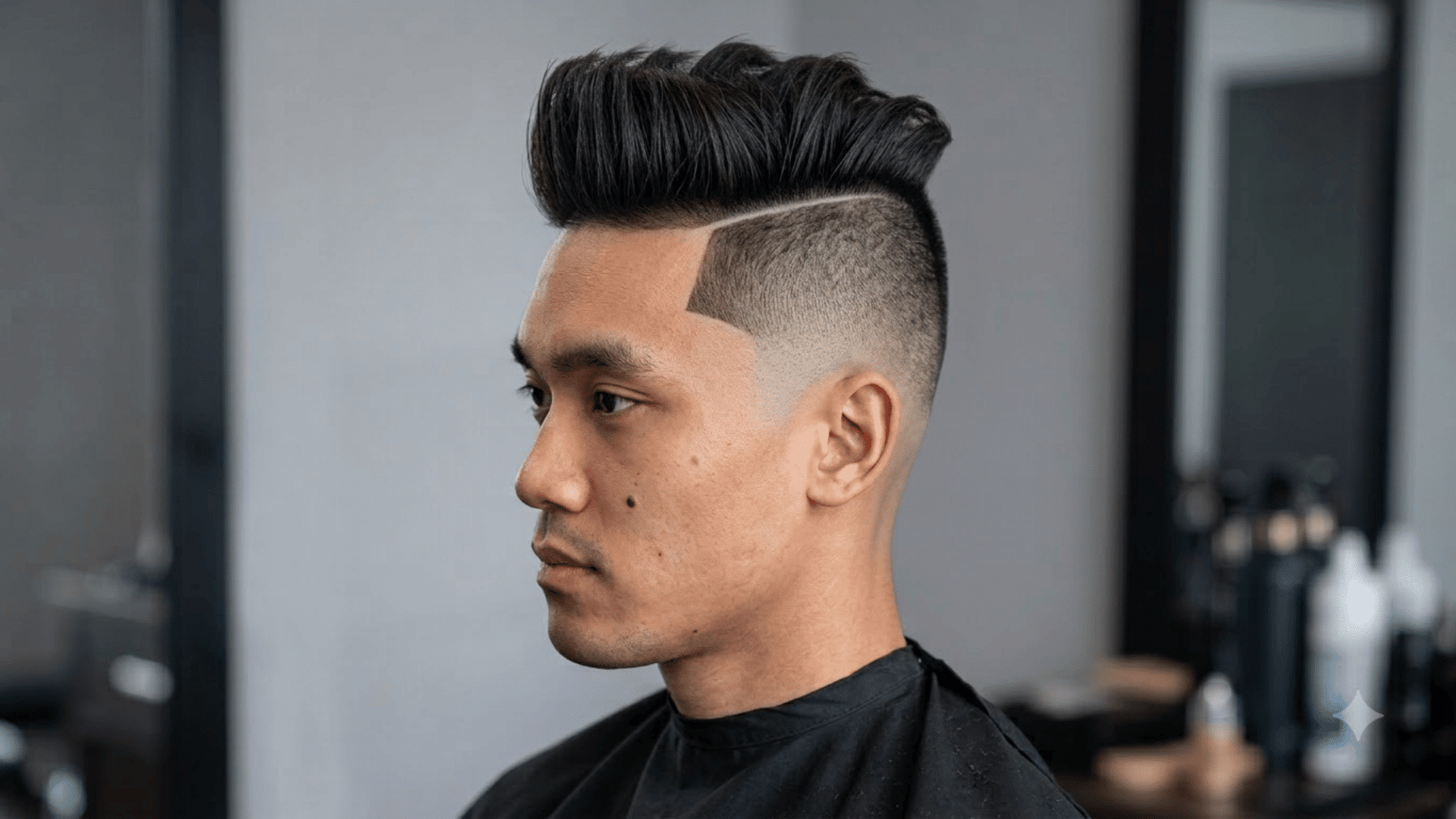 undercut mohawk with a long swept top and sharply disconnected short sides