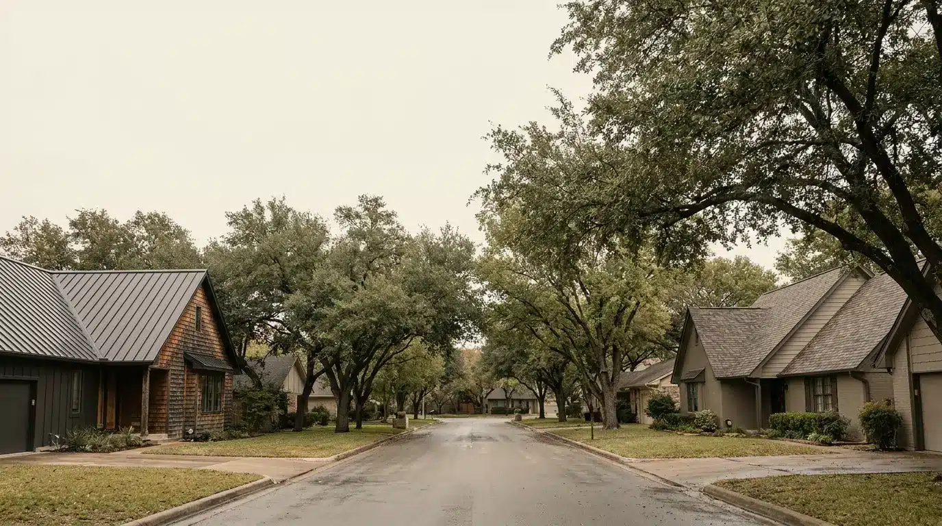 Residential street with tree-lined road and houses under overcast sky