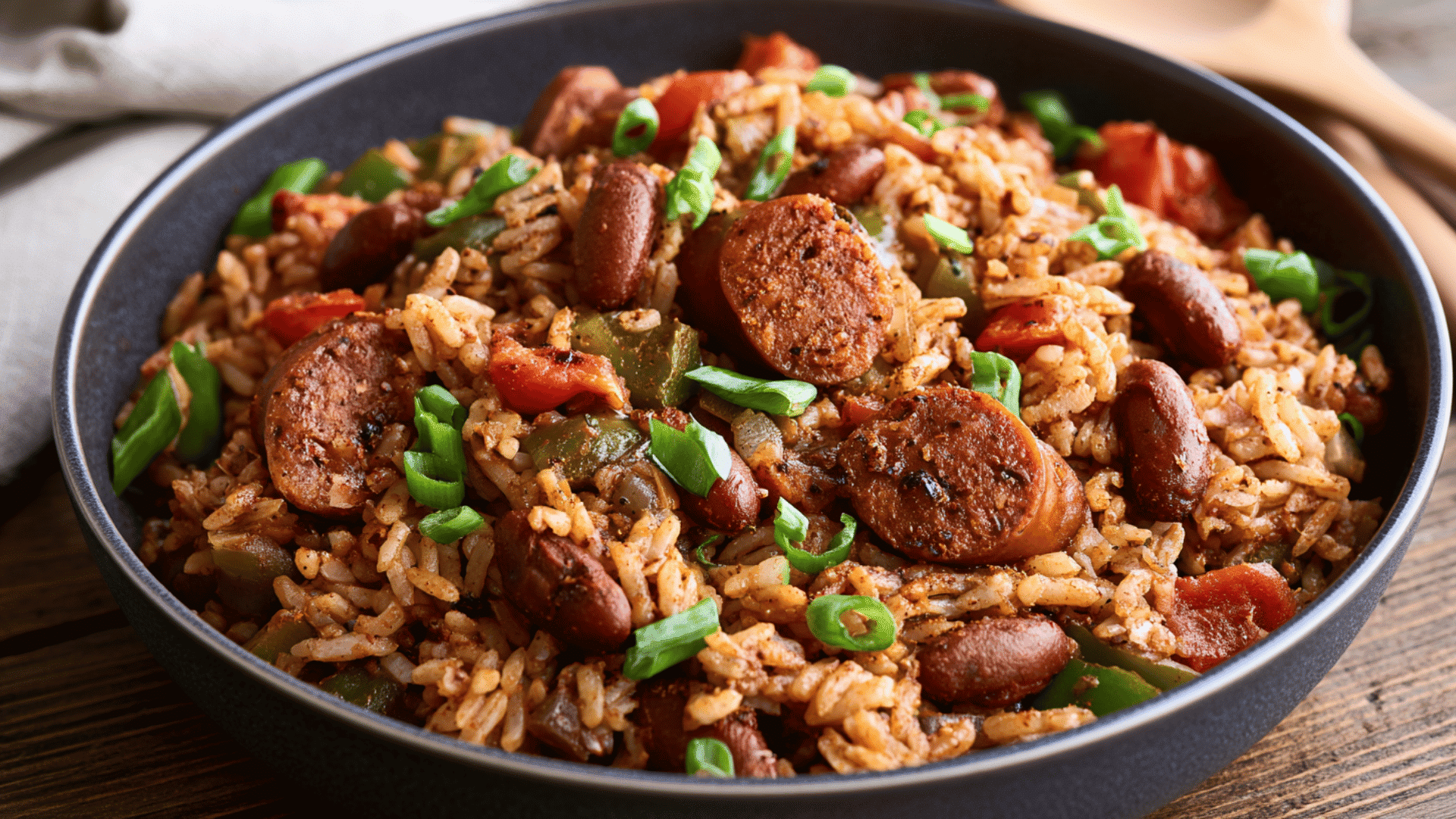 vegan jambalaya with rice kidney beans plant based sausage peppers celery and cajun seasoning