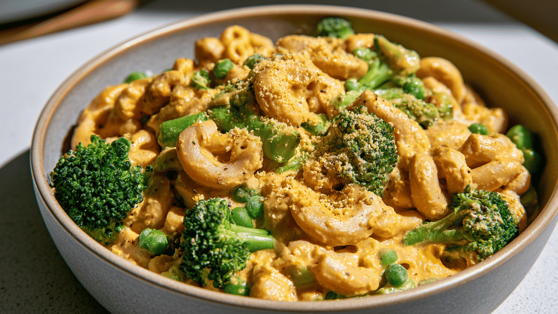 vegan mac and cheese made with chickpea pasta creamy tofu sauce broccoli and nutritional yeast