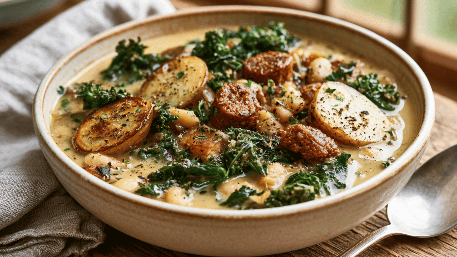vegan zuppa toscana with potatoes kale white beans plant based sausage and creamy broth