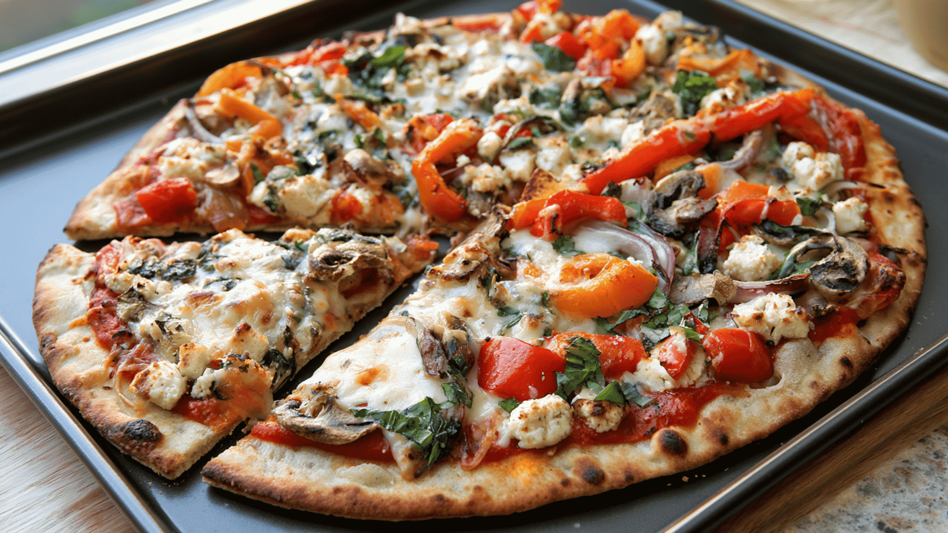 vegetable naan pizza with tomato sauce mozzarella colorful vegetables paneer and fresh basil