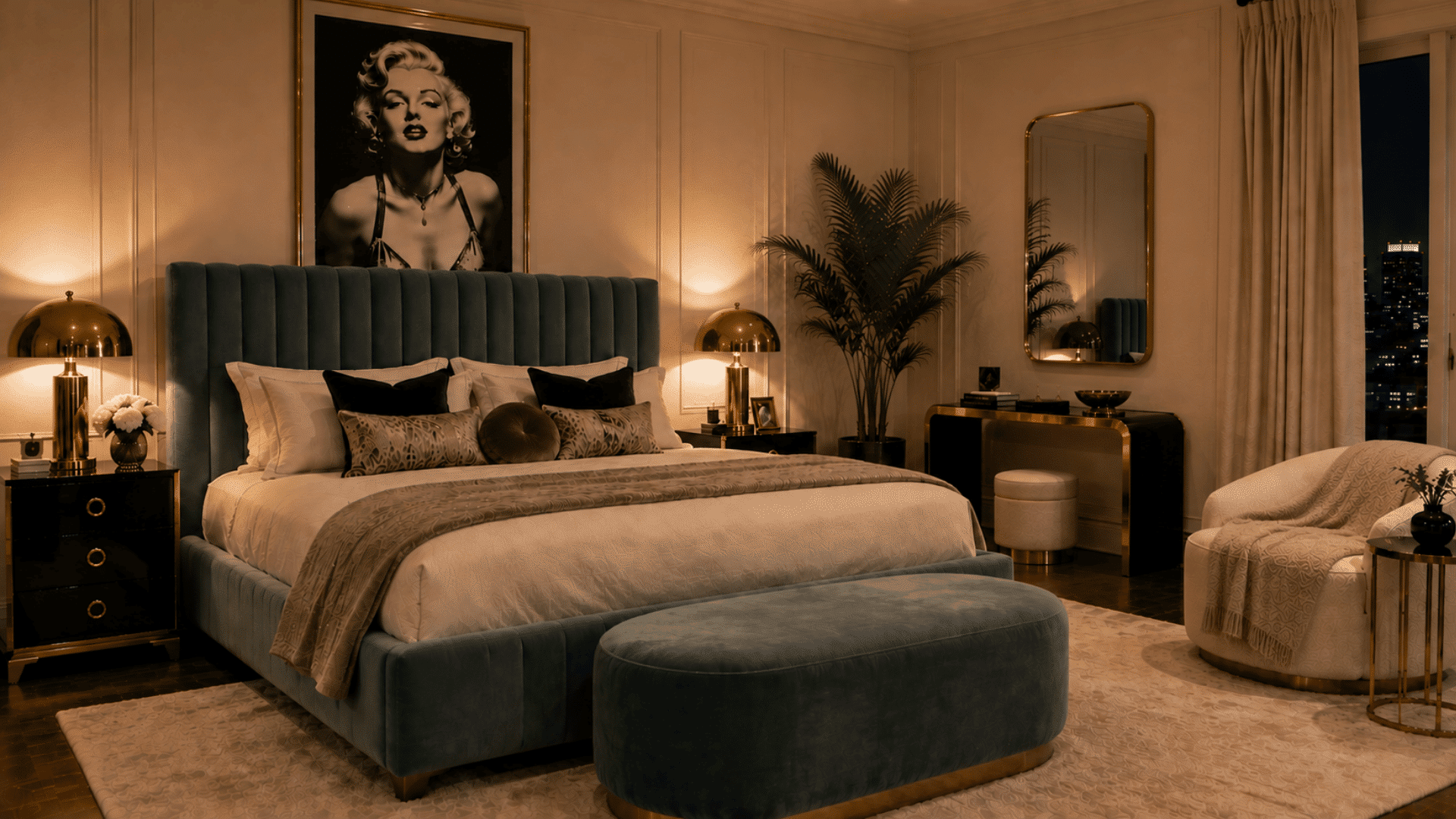 velvet fabrics cover the upholstered bed and curved bench with plush textures adding softness to the elegant bedroom