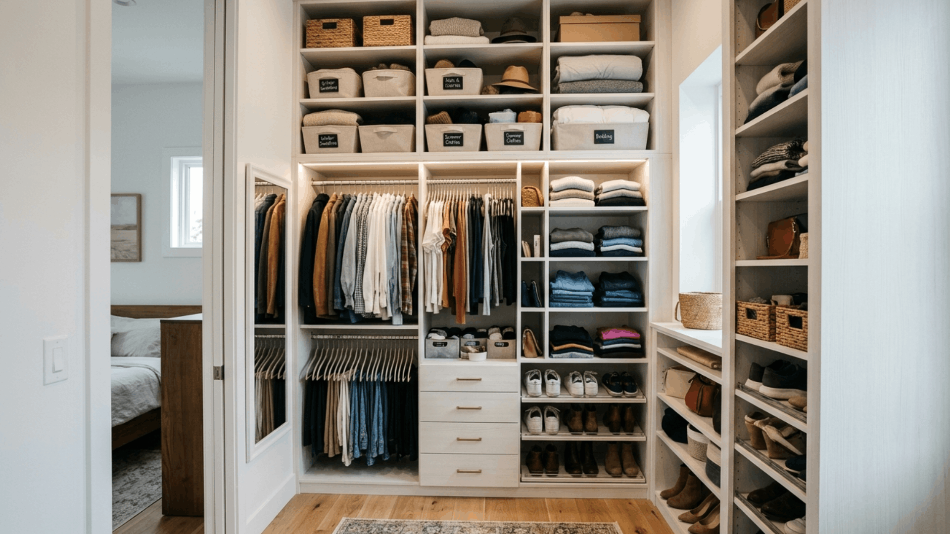 vertical closet storage using tall cabinets and shelves