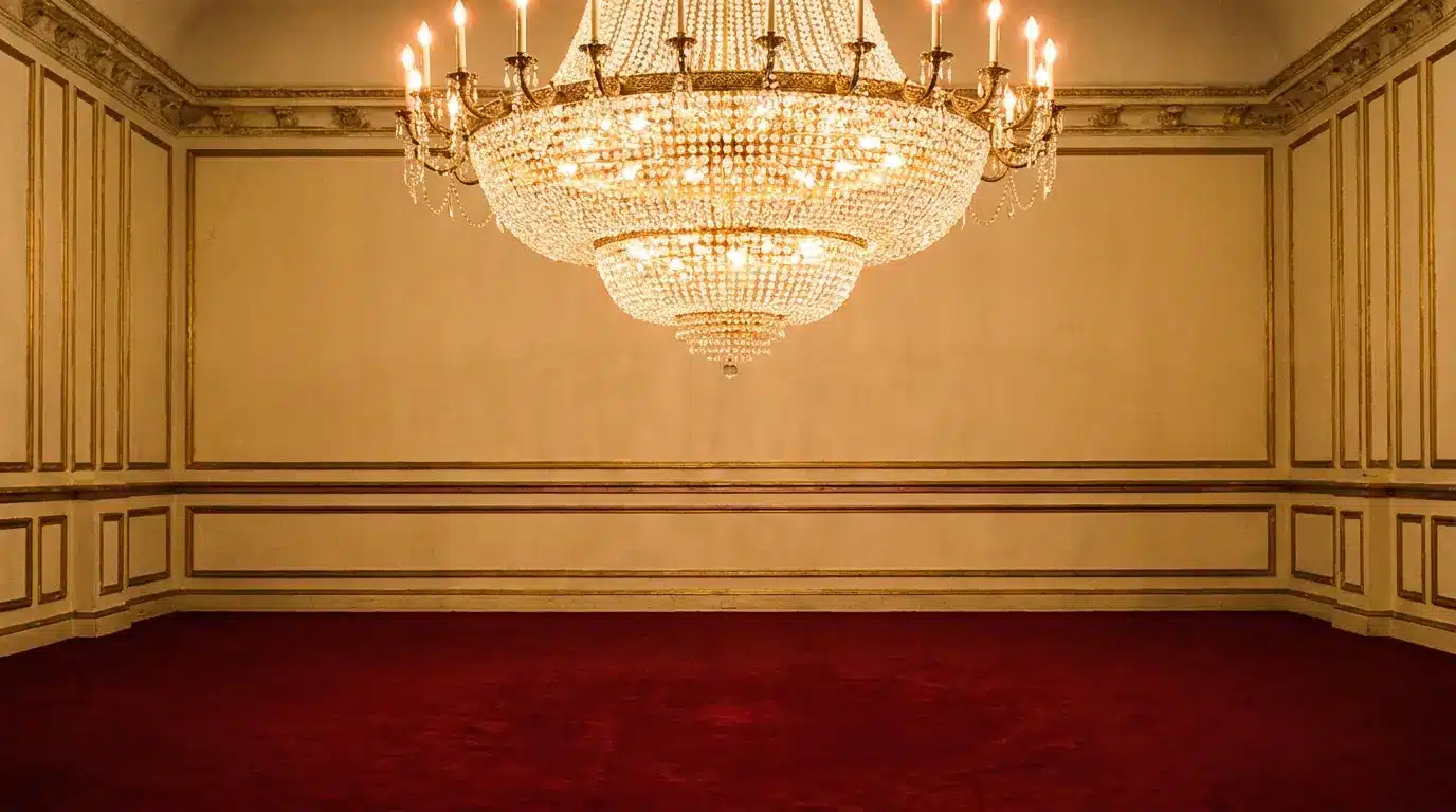 Ornate crystal chandelier hanging in an elegant ballroom with red carpet flooring