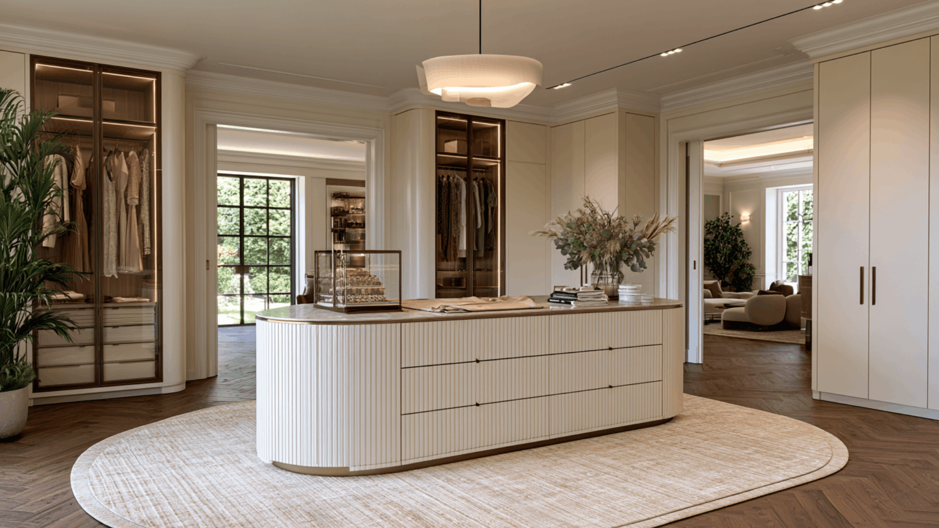 walk in closet with island and extra storage drawers