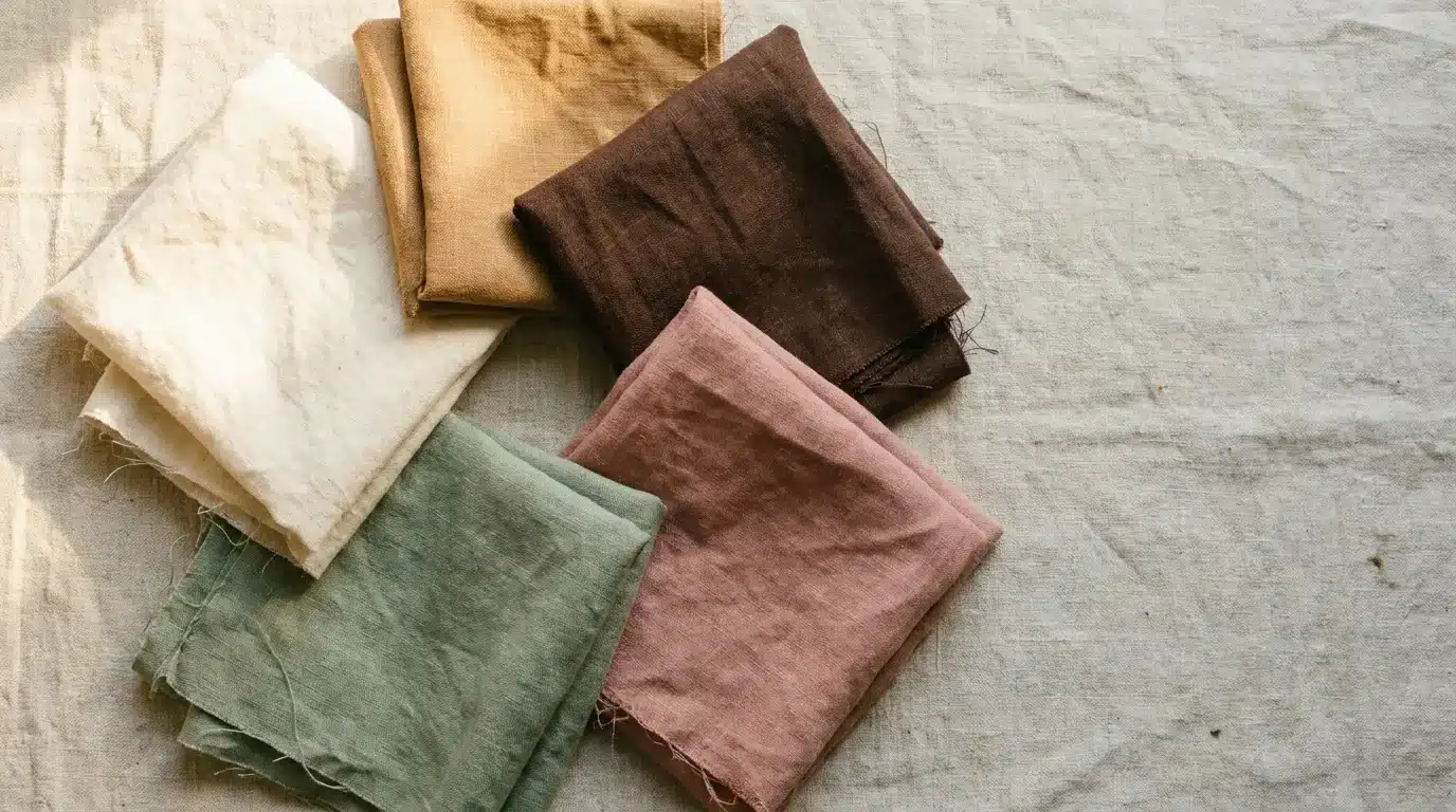 Assorted folded fabric swatches in natural colors on textured surface under soft lighting