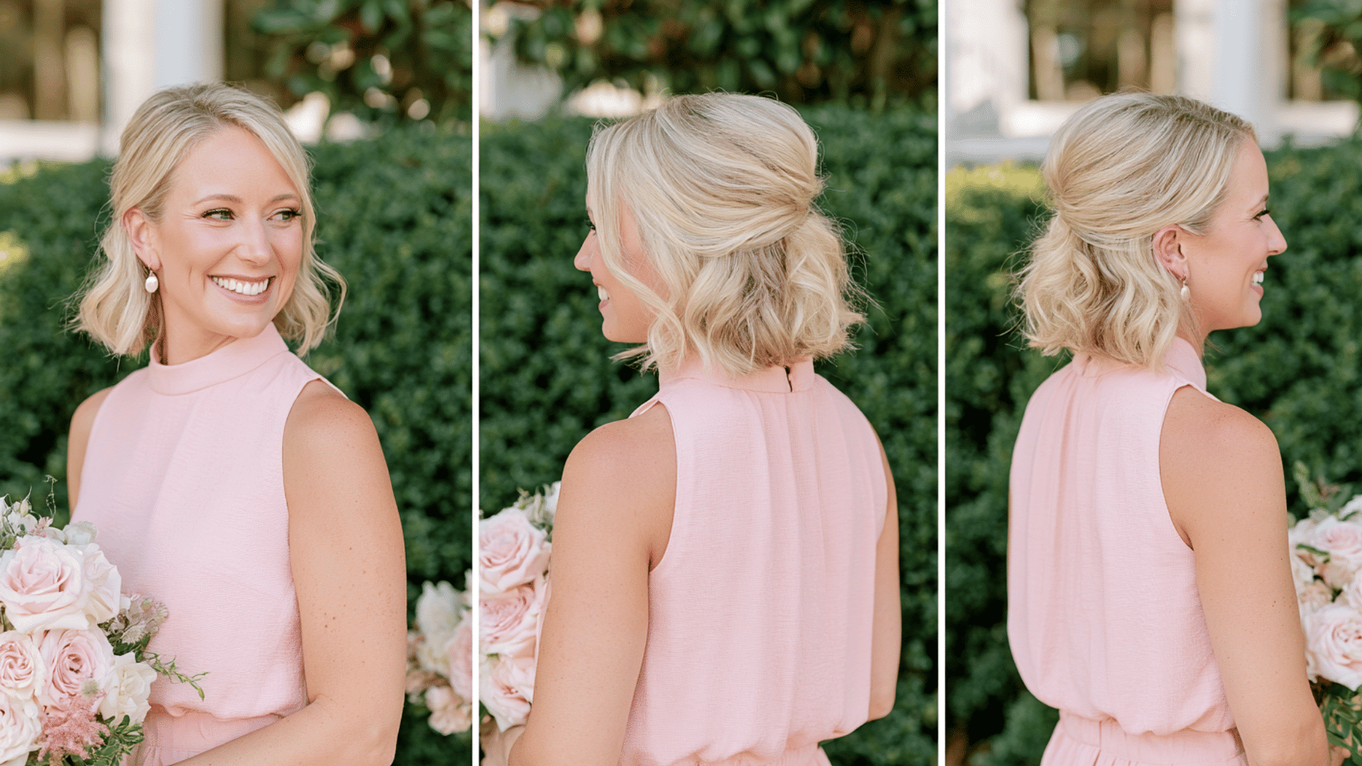 wavy bob hairstyle for short hair with soft curls and elegant bridesmaid wedding look