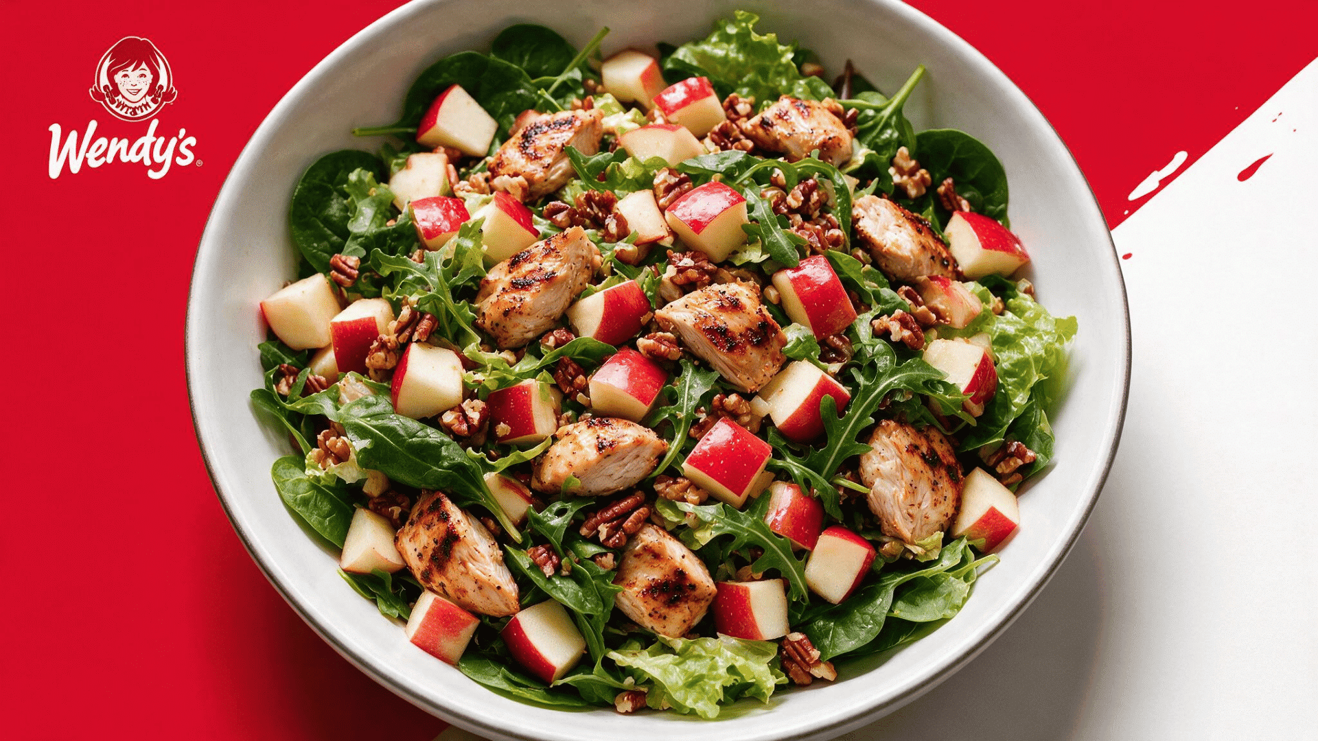 wendy’s grilled chicken salad with mixed greens, apples, and pecans.