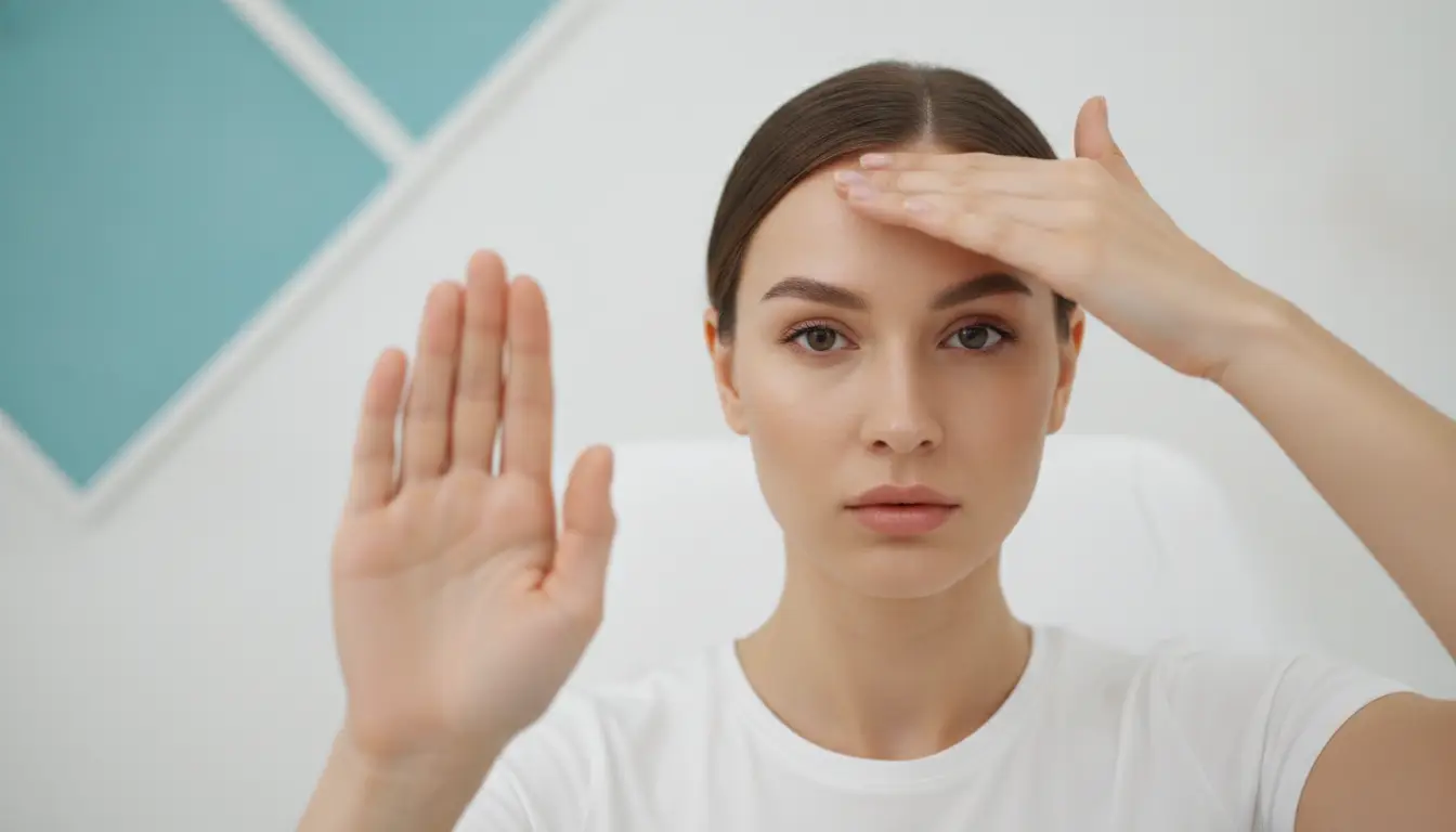 Woman practicing facial exercises with hand on forehead and raised palm in bright room