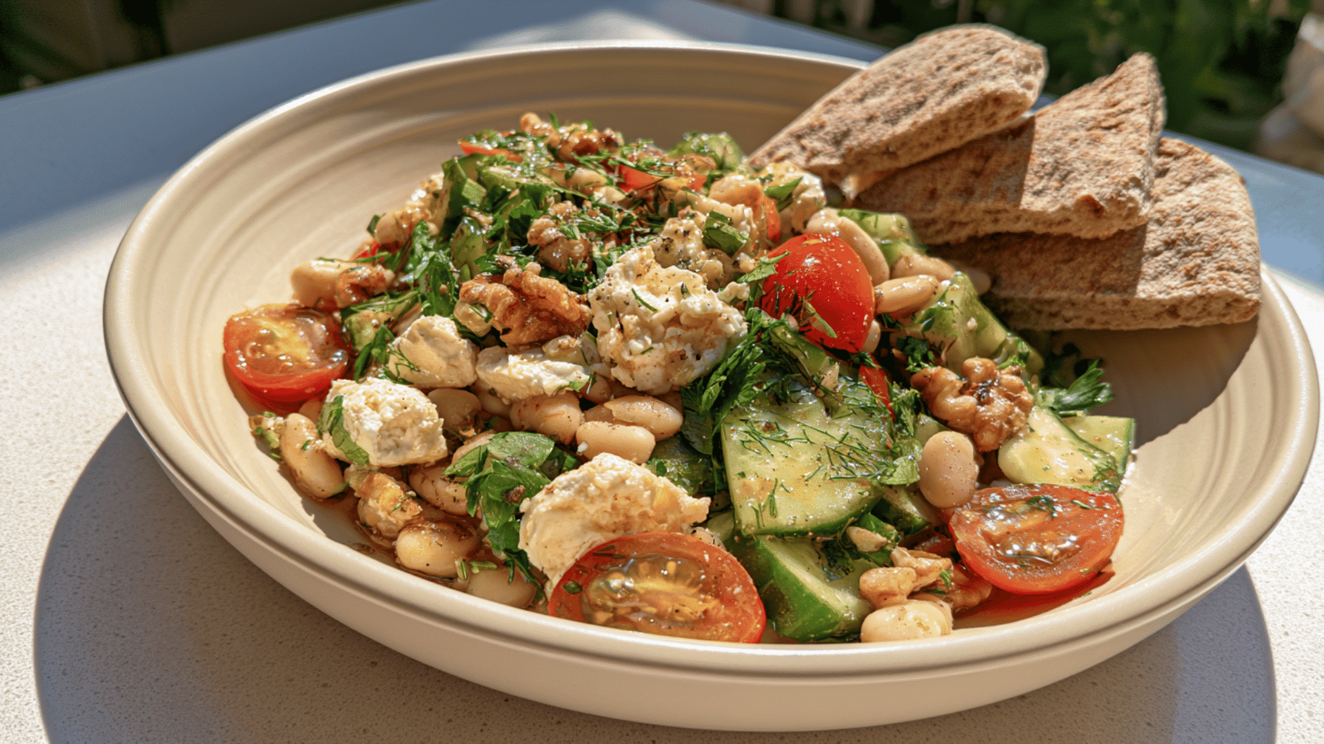 white bean and feta salad with tomatoes cucumber walnuts herbs lemon dressing and pita bread