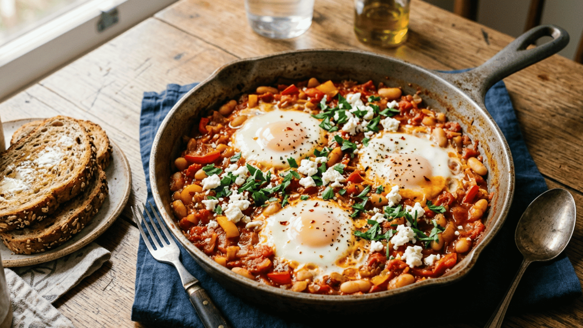 white bean shakshuka with baked eggs spiced tomato pepper sauce feta herbs and whole grain toast